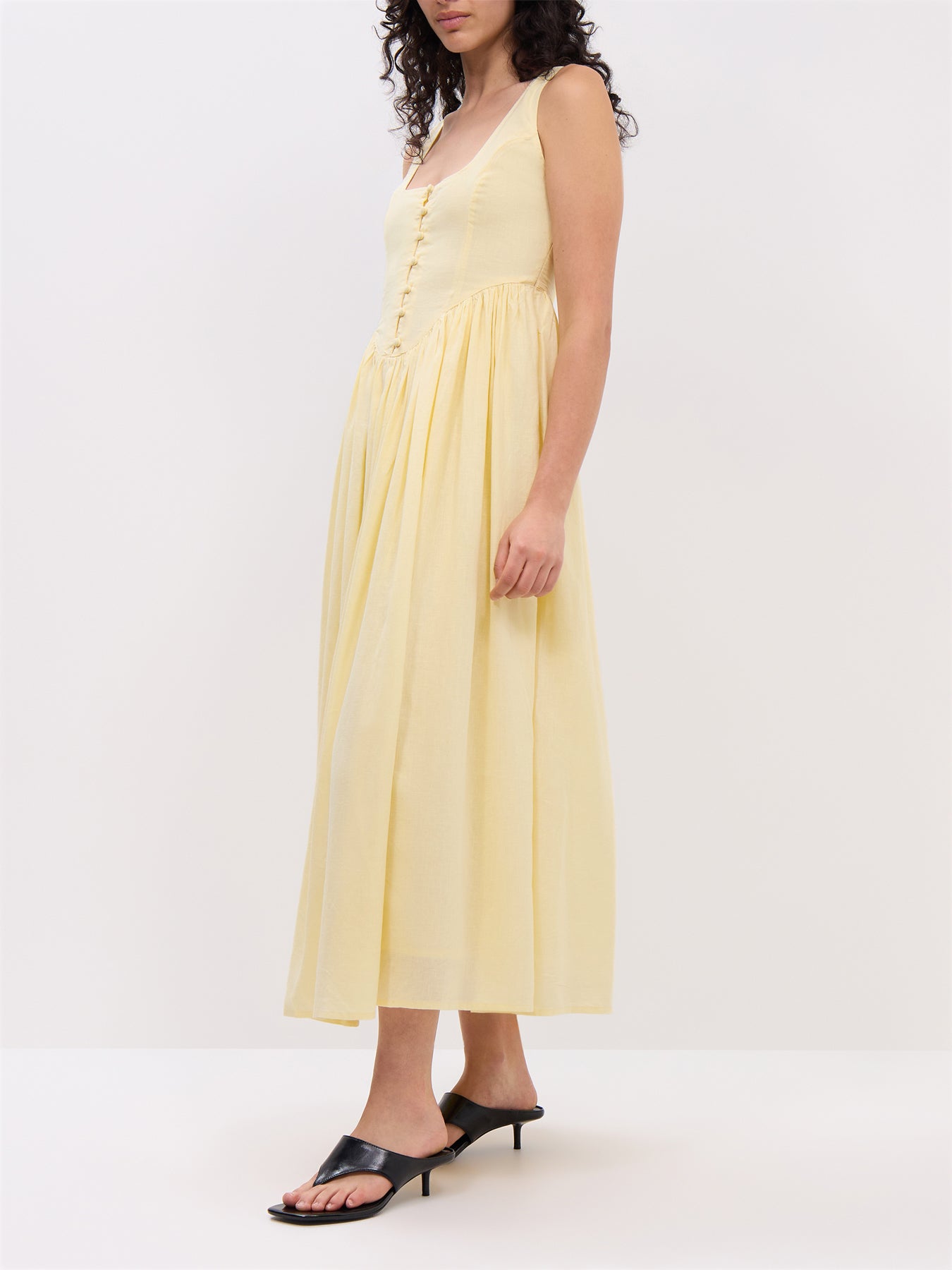 Butter Yellow Linen-blend Cora Midi Dress