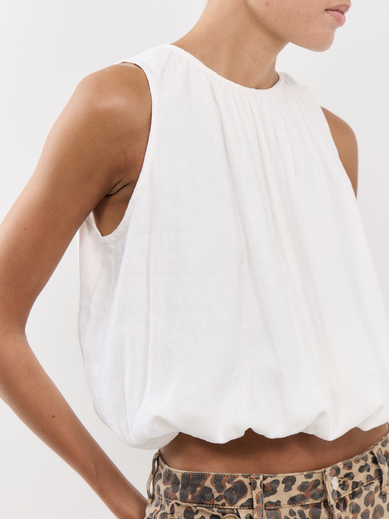 White Linen-blend Sleeveless Bubble Hem Top