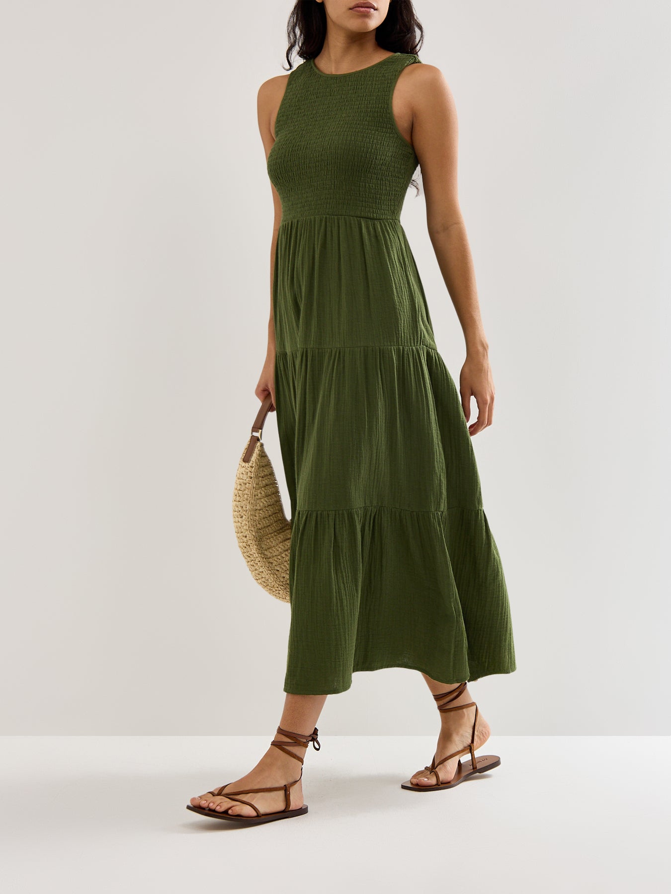 Green Sleeveless Tiered Charlie Midi