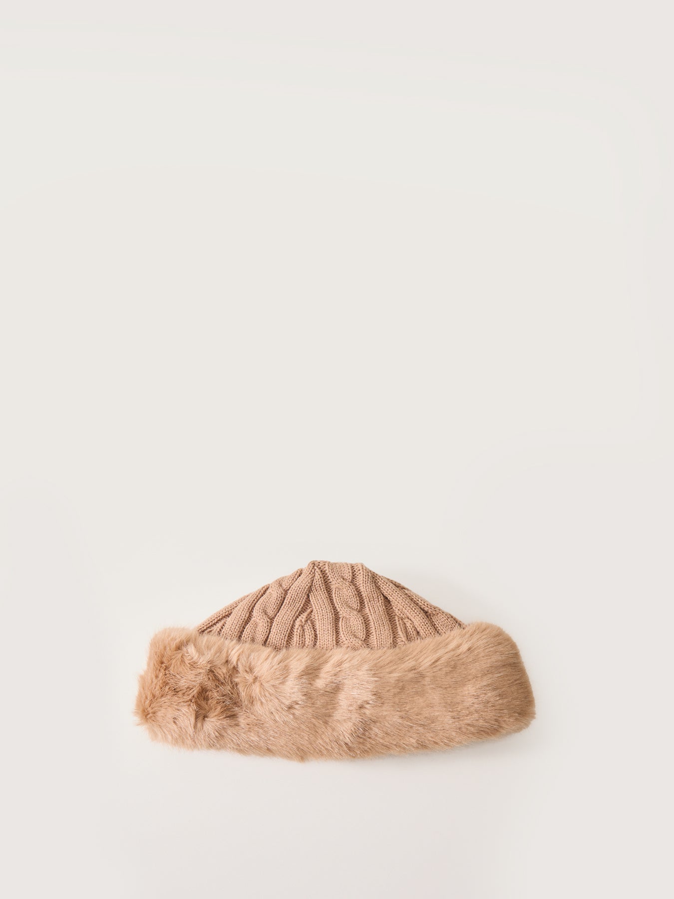 Faux Fur Cable Knit Hat Light Brown