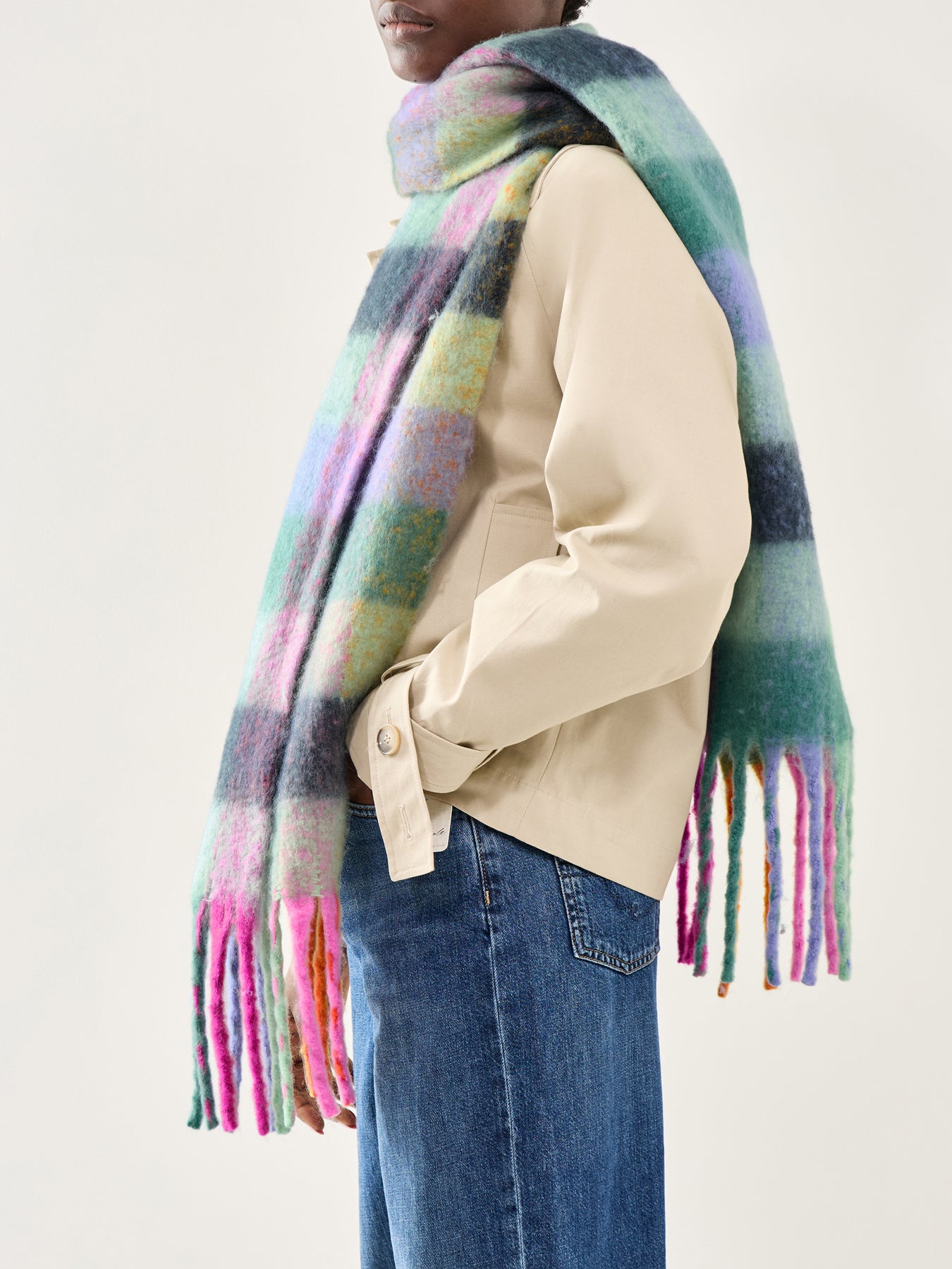 Jikka Check Wool Blend Scarf Green