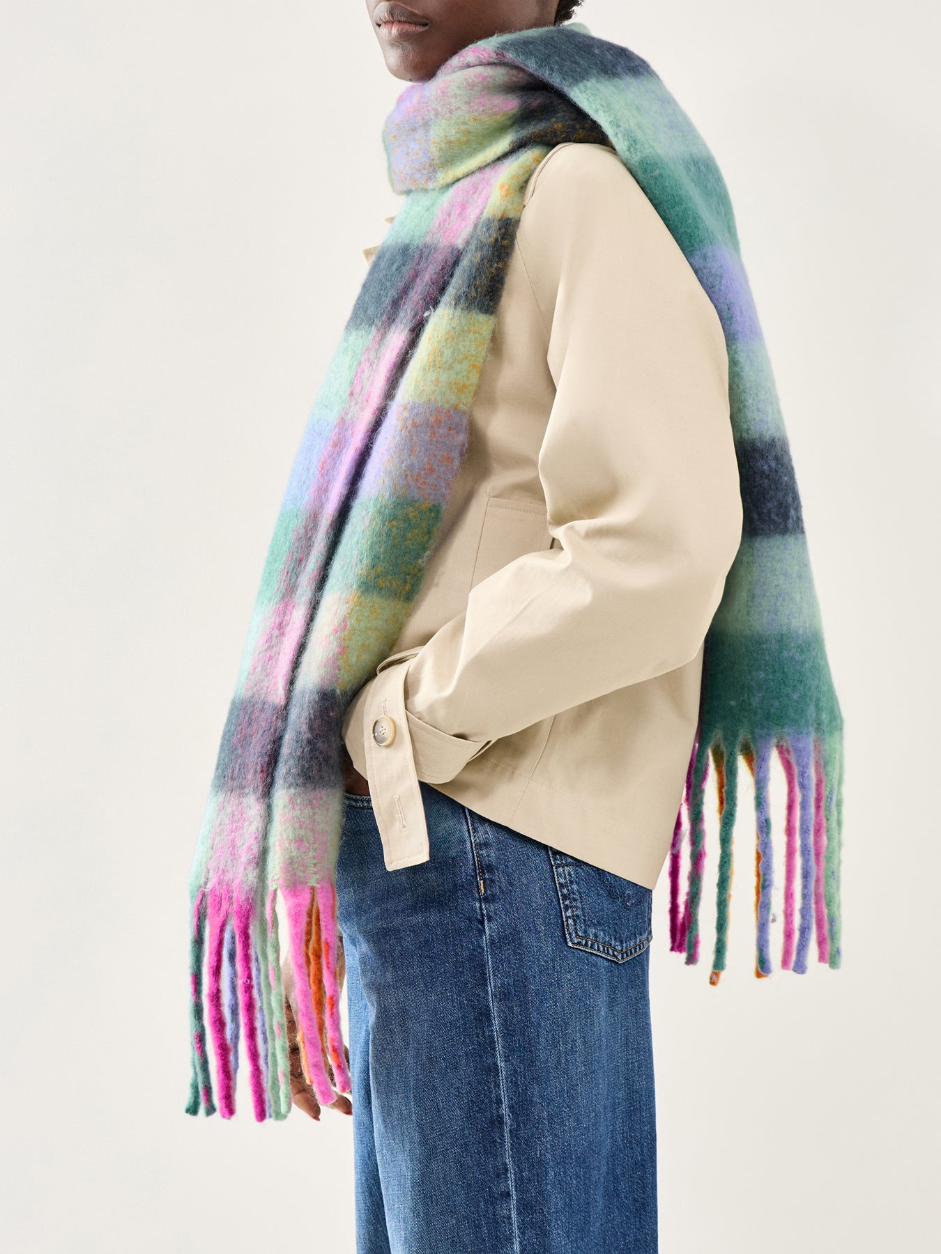 Jikka Check Wool Blend Scarf Green