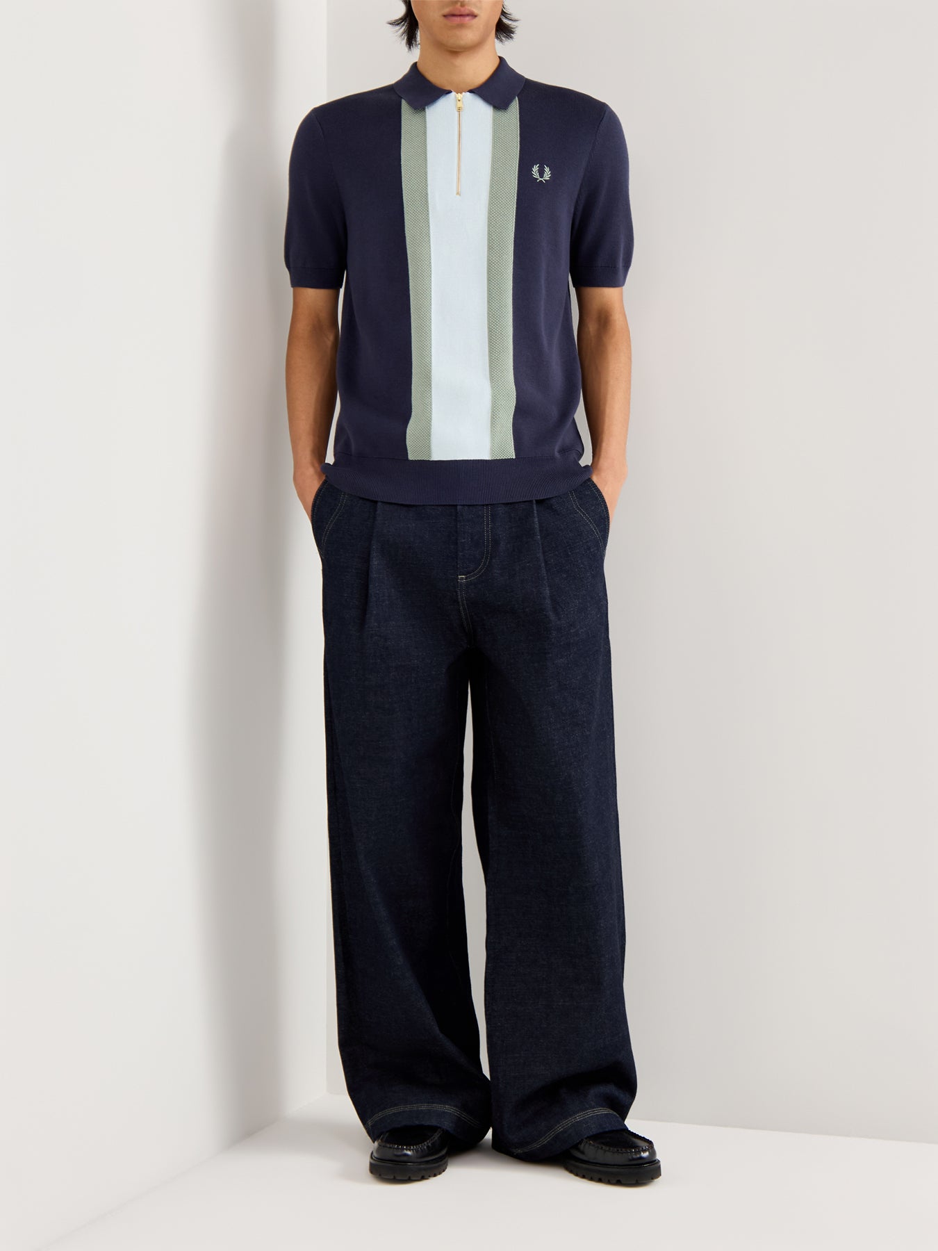 Textured Stripe Knitted Zip Polo