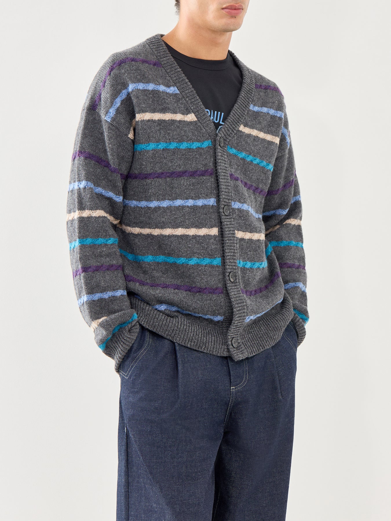 Stripe Wool Cardigan Button Thru Black