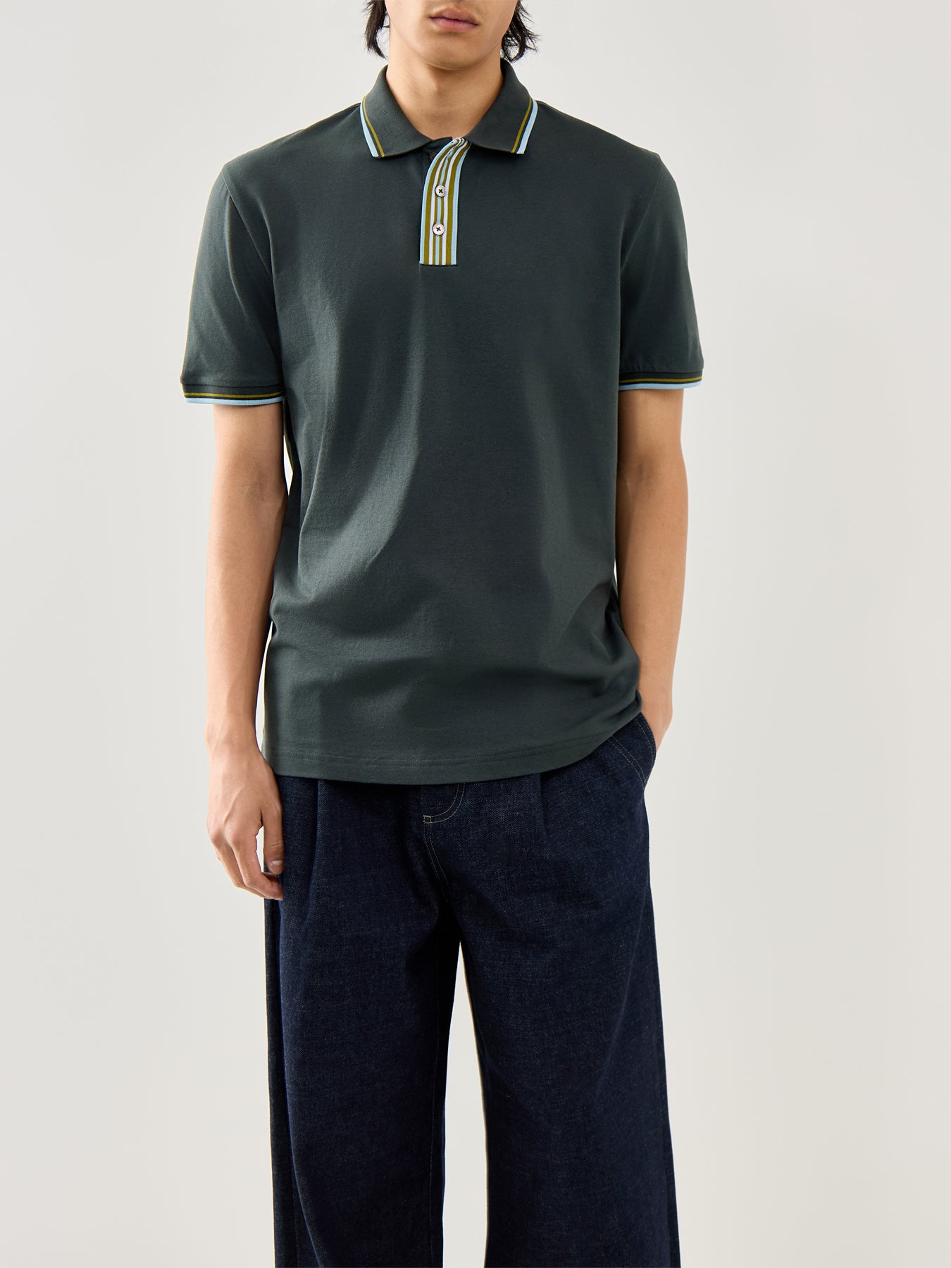 Stripe Plaquet Polo Tops Bottle Green