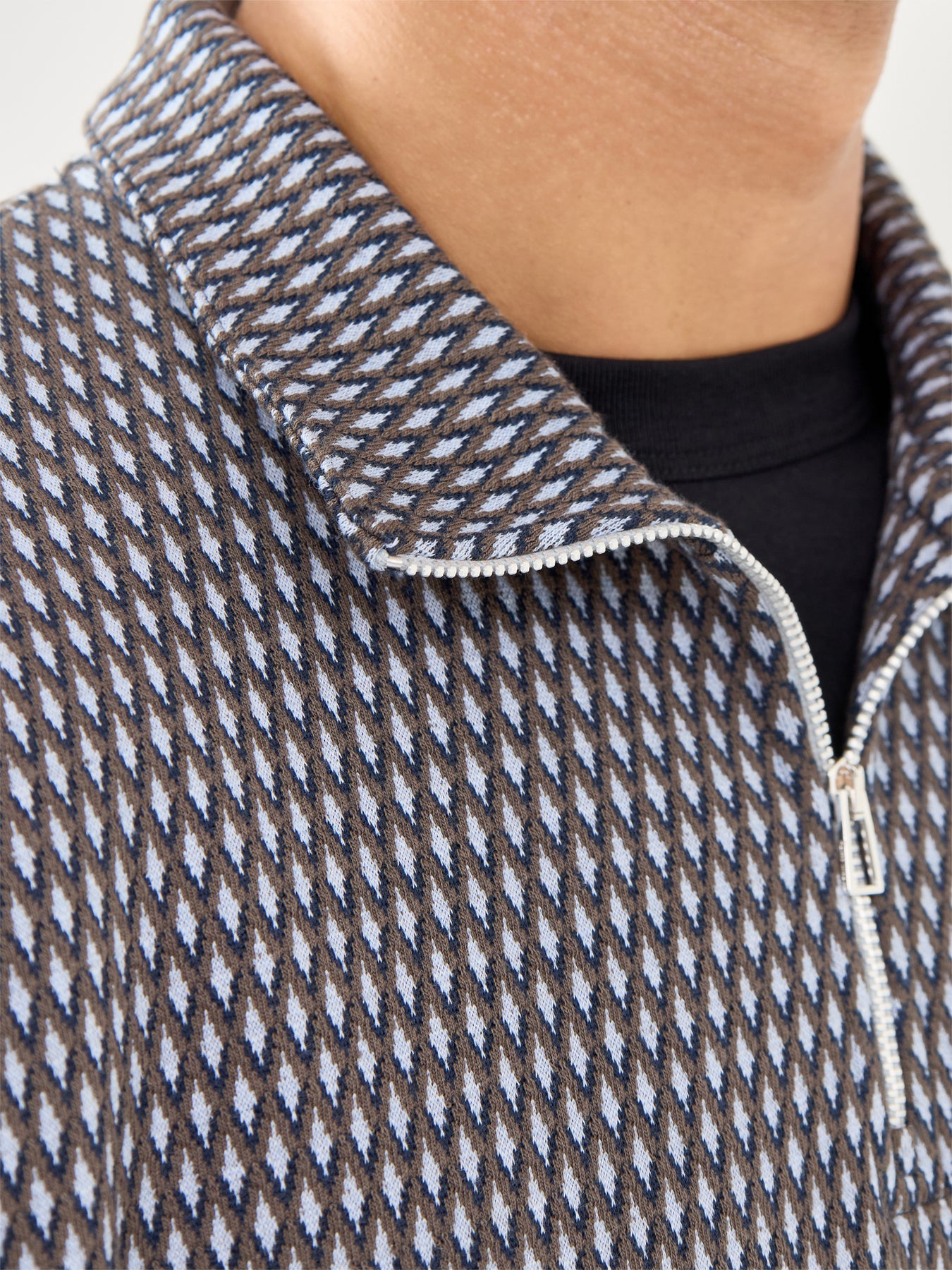 1/4 Zip Pattern Cotton Sweatshirt Blue