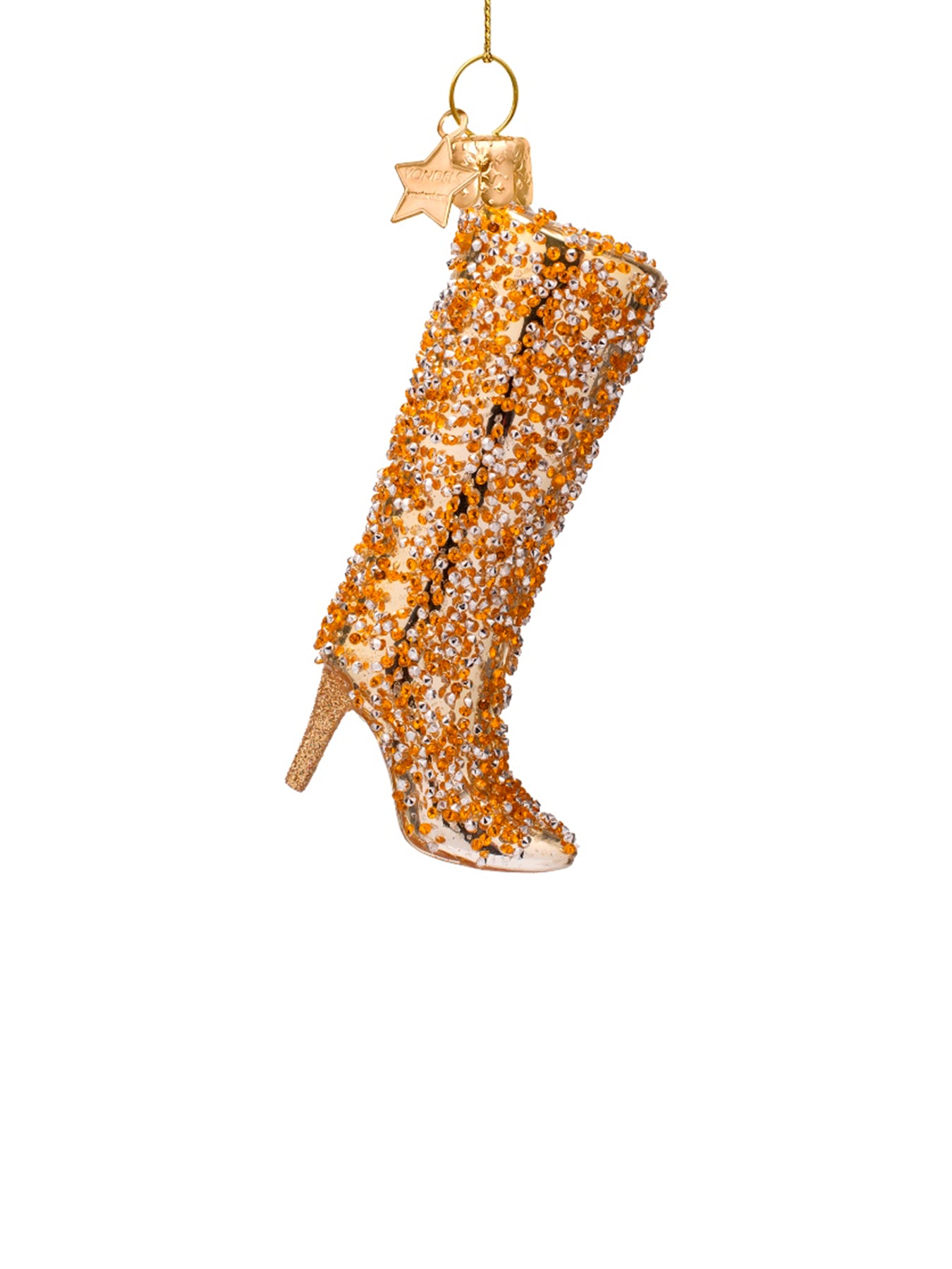 Shiny Gold Allover Diamond Boot Glass Christmas Hanging Decoration