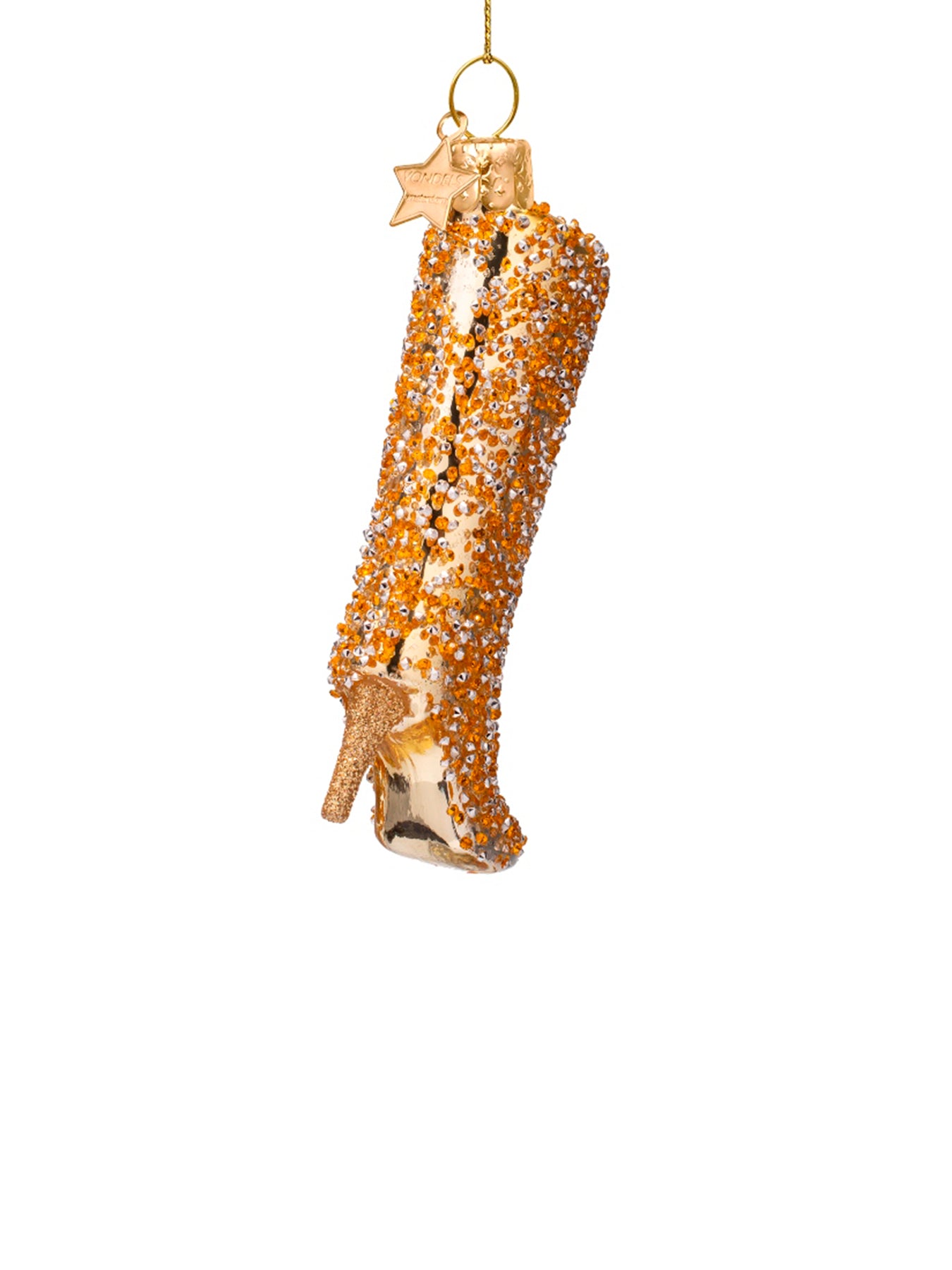 Shiny Gold Allover Diamond Boot Glass Christmas Hanging Decoration