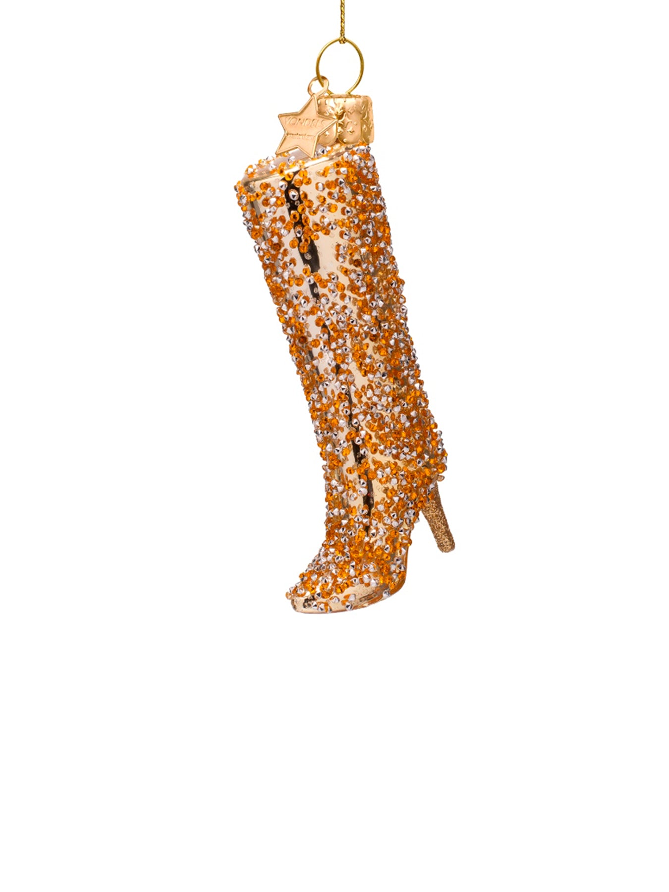 Shiny Gold Allover Diamond Boot Glass Christmas Hanging Decoration