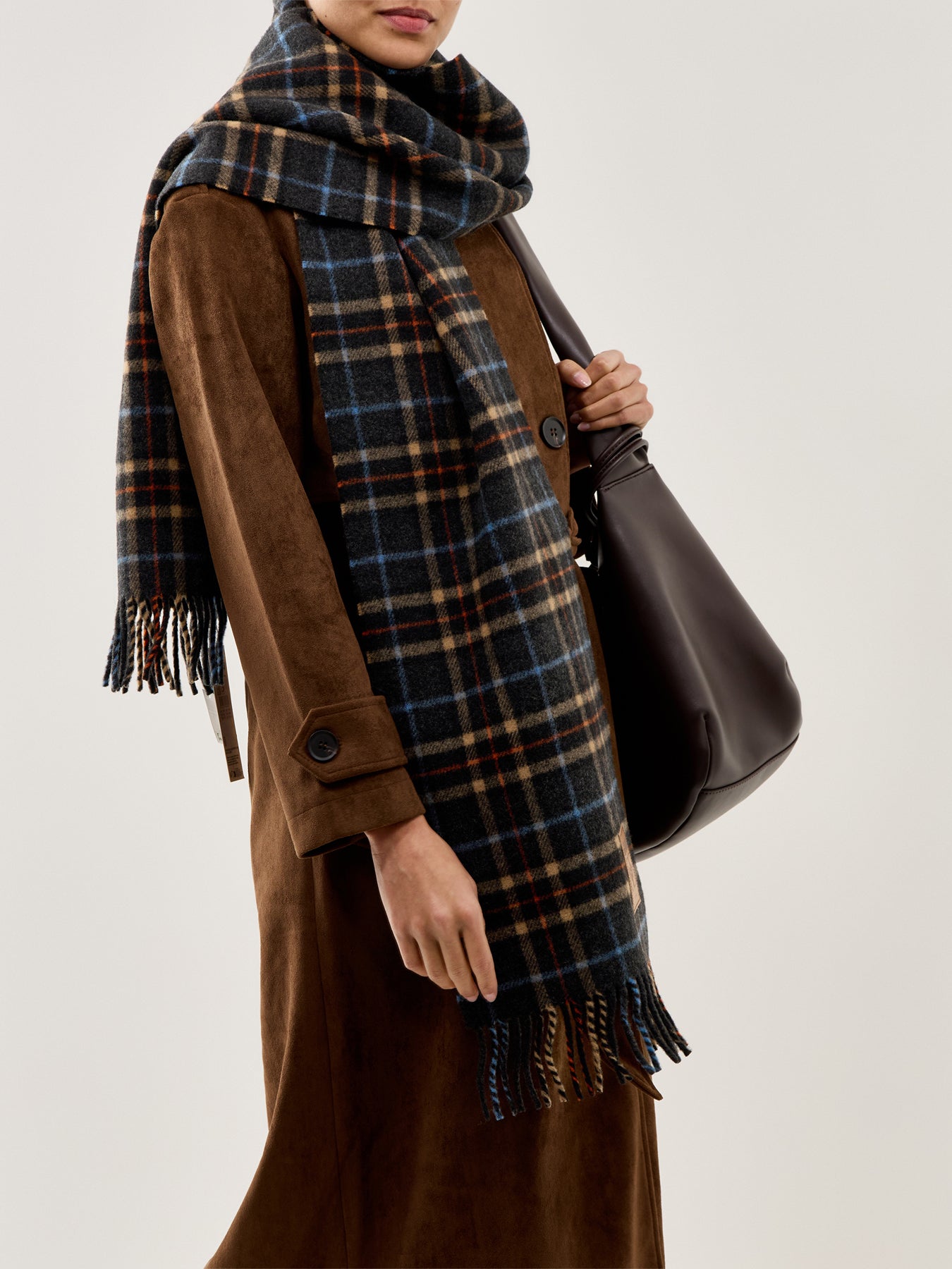 Double Face Wool Check Scarf Charcoal Grey