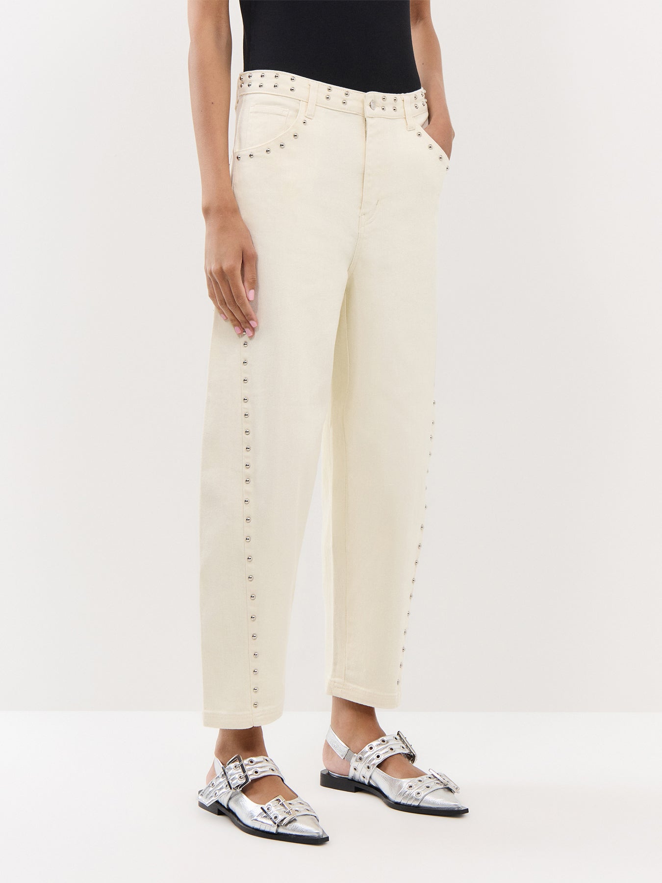 Ecru Studded Barrel Jeans