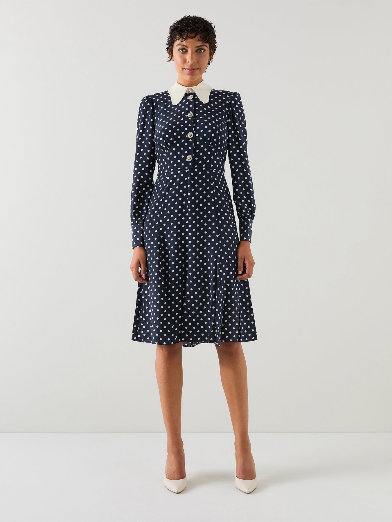 Mathilde Navy & Cream Polka Dot Silk Tea Dress