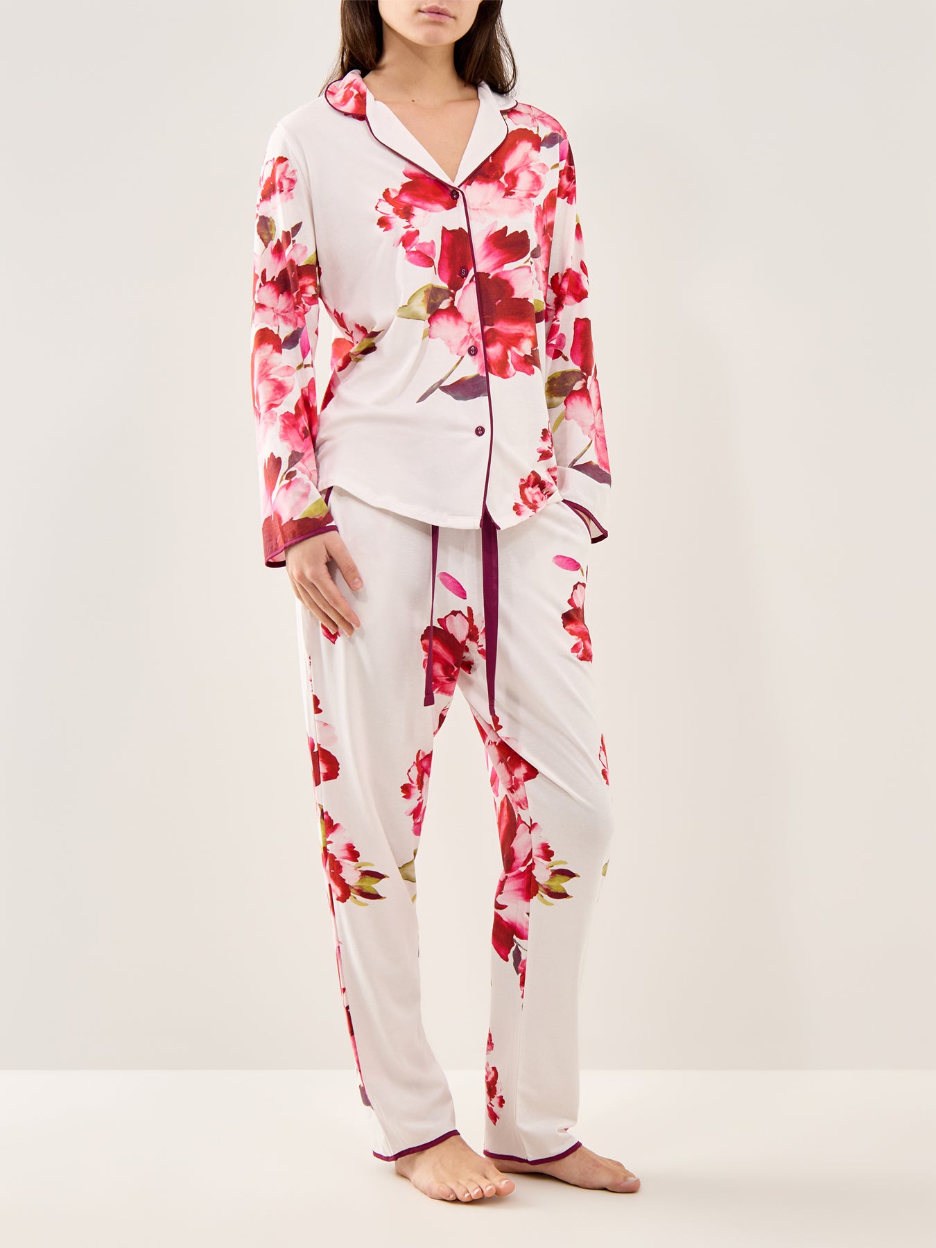 Floral Jersey Pyjama Top Oxblood