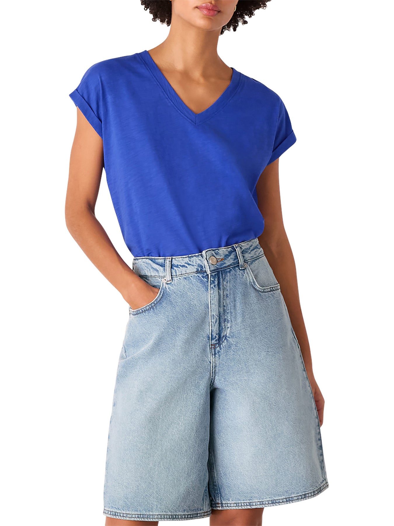 Willa V-Neck Cap Sleeve Tee Blue