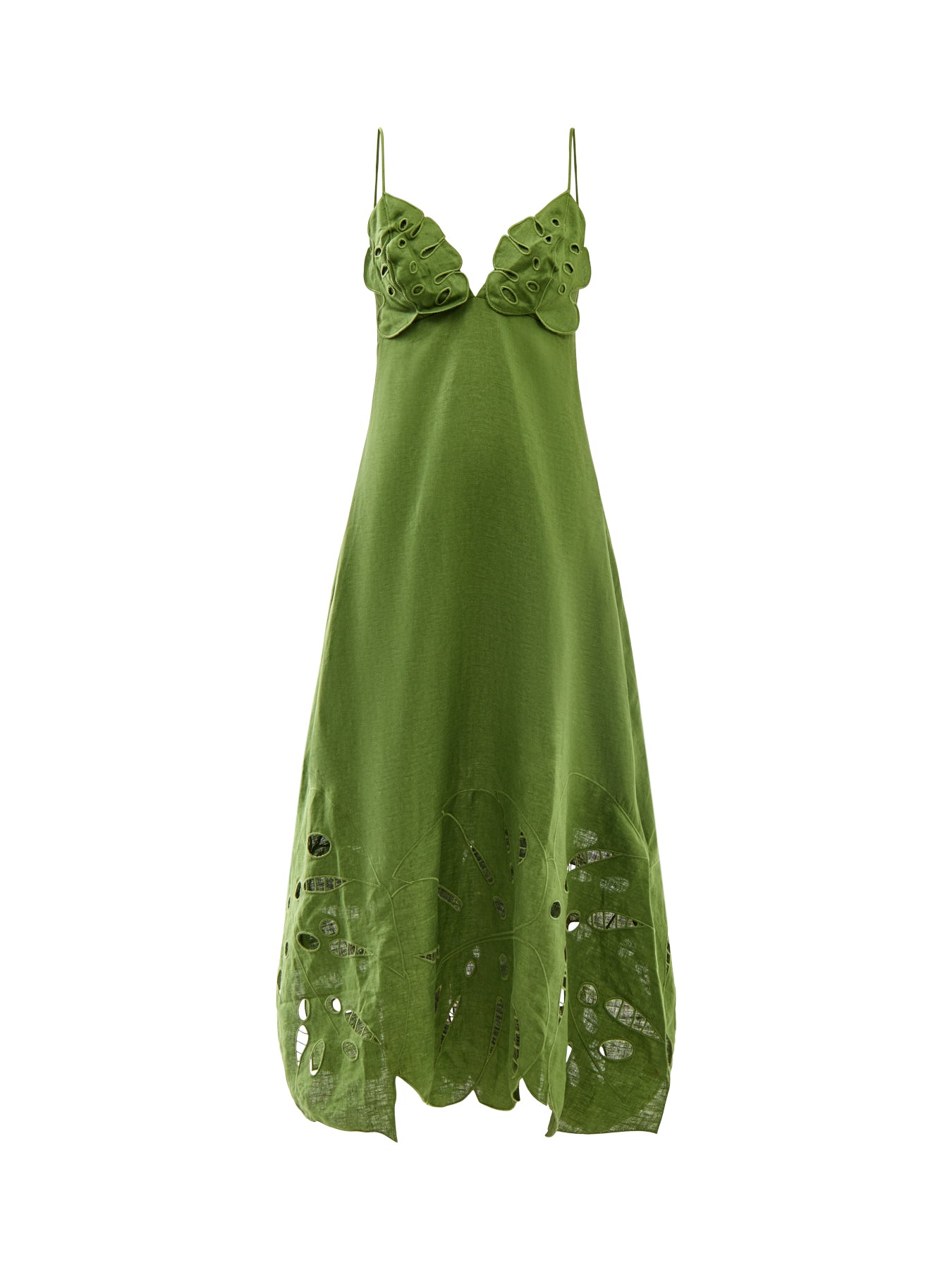 Green Monstera Embroidery Midi Dress