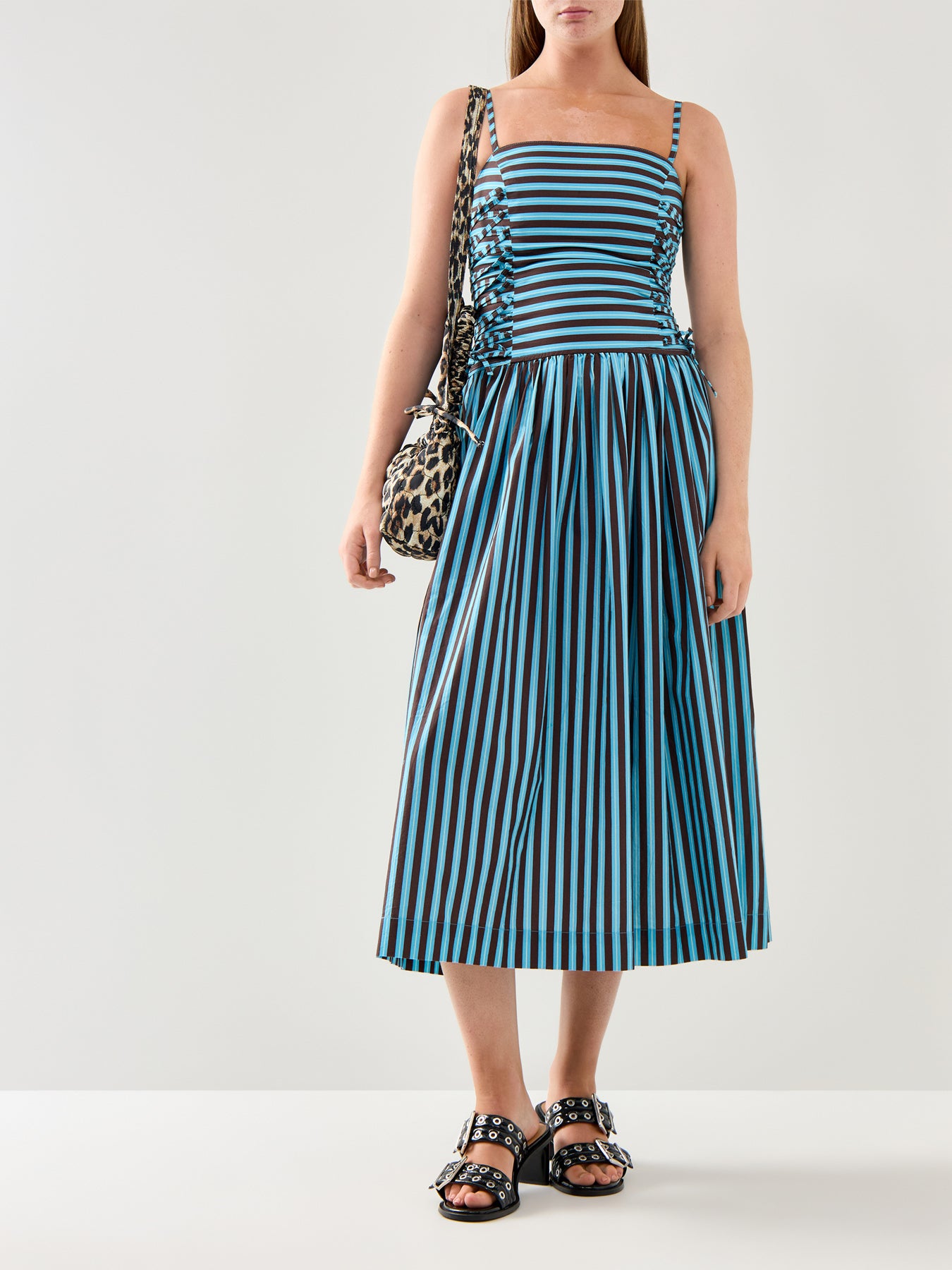 Angelina Midi Dress With Lace Up Blue Organic Cotton