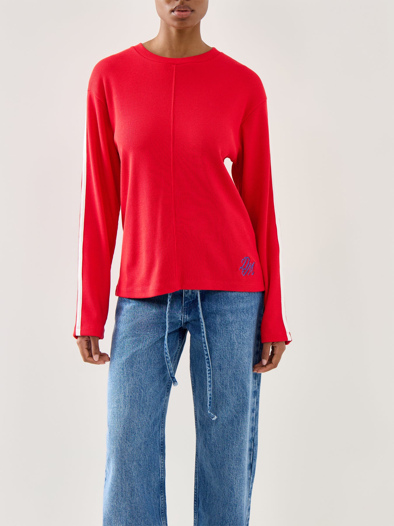 Lilah Stripe Long Sleeves Cotton Top Red Pointelle