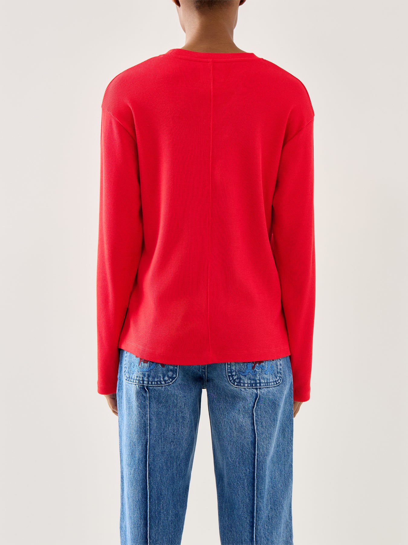 Lilah Stripe Long Sleeves Cotton Top Red Pointelle