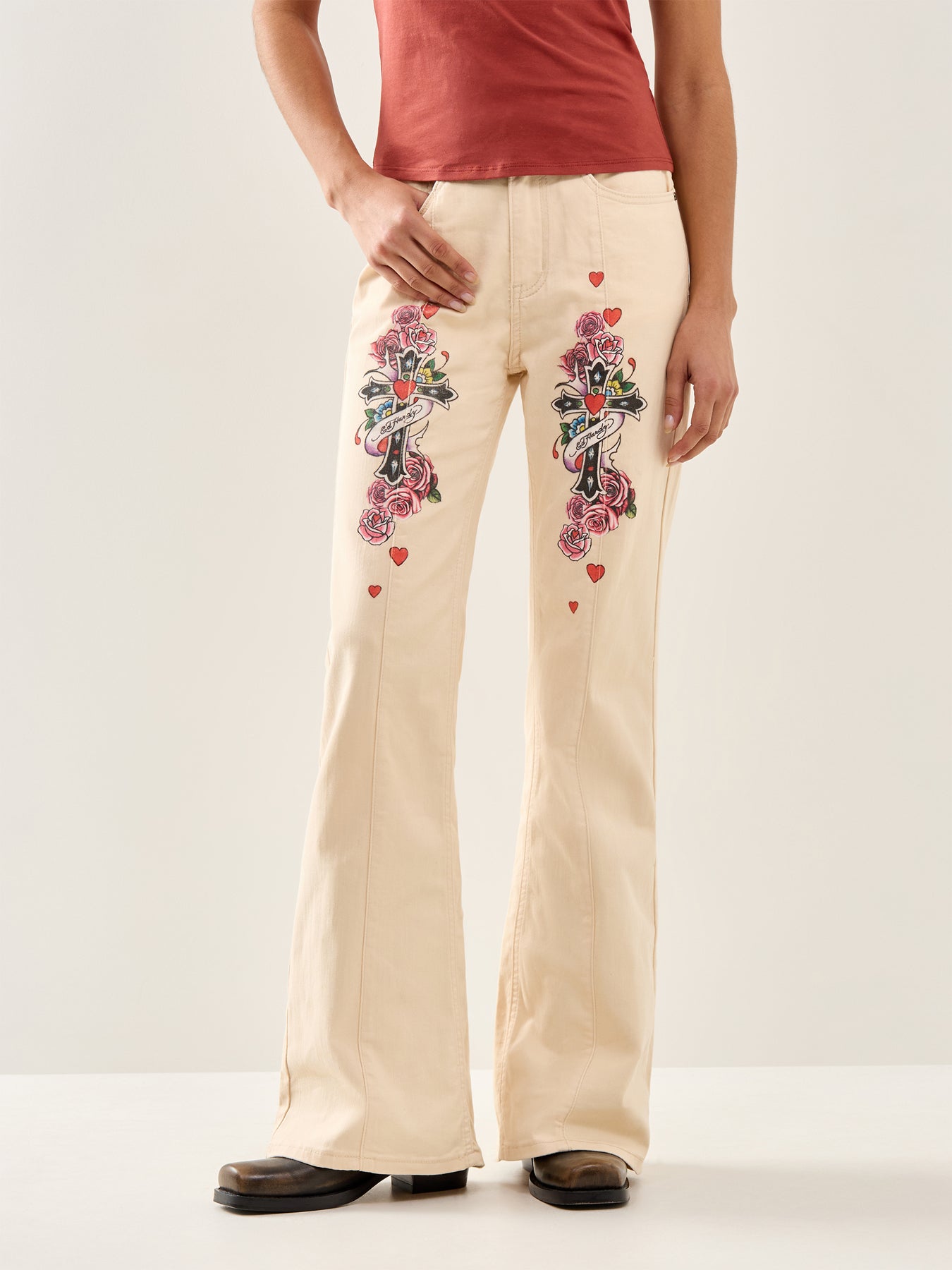 Floral Cross Flared Jeans Beige