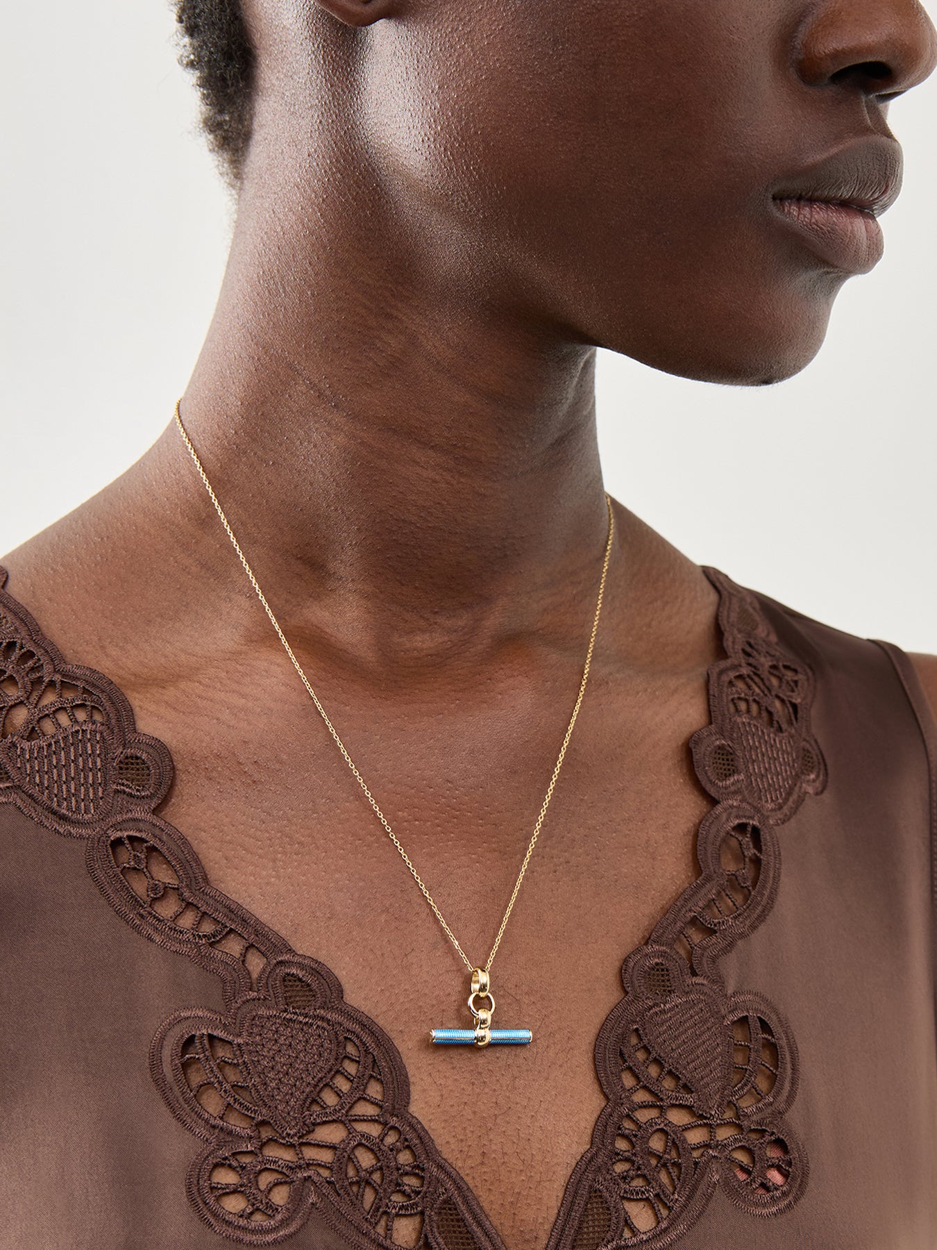 Aquamarine Enamel Small T-bar Necklace