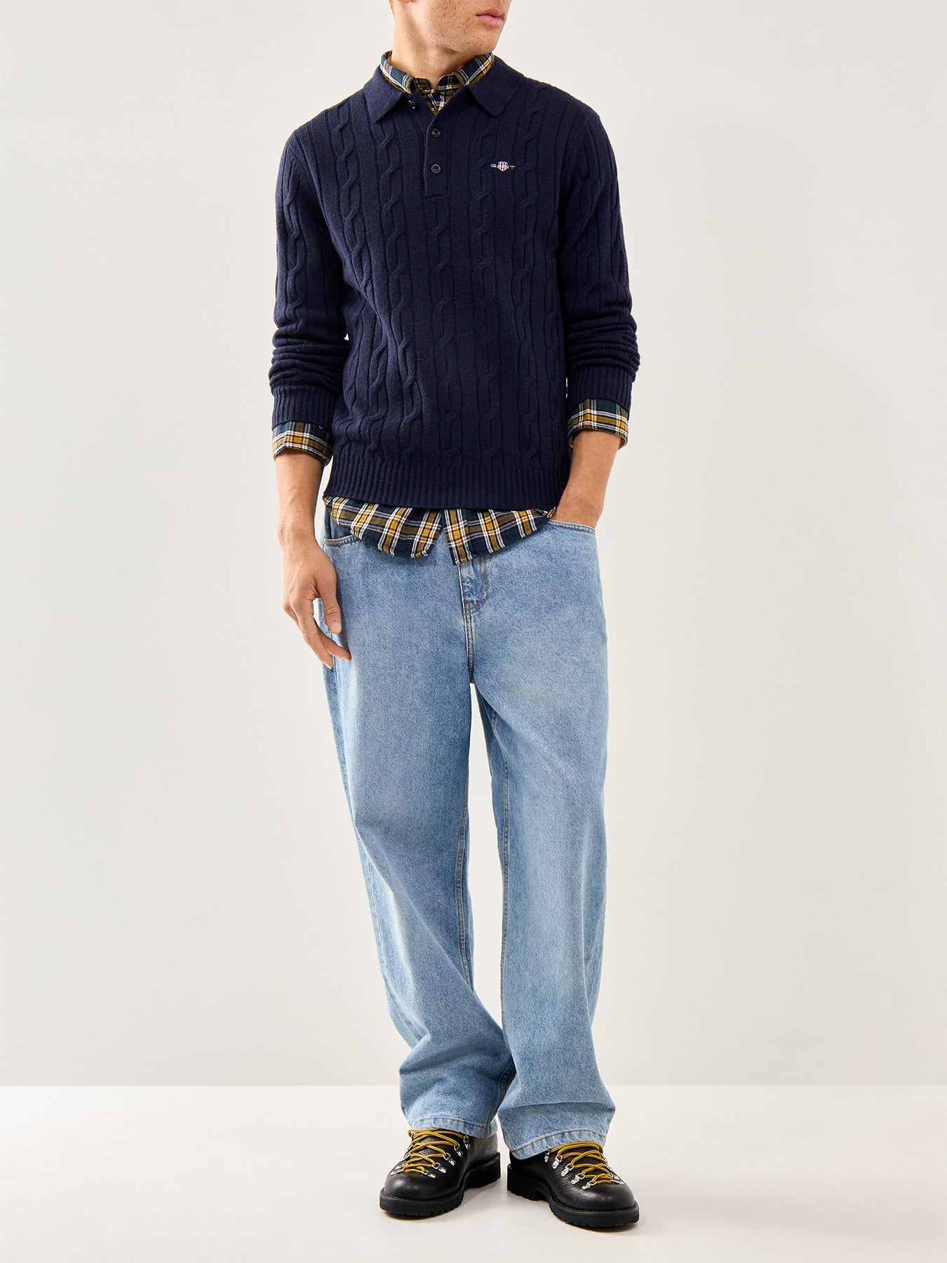 Lambswool Cable Polo Jumper Evening Blue