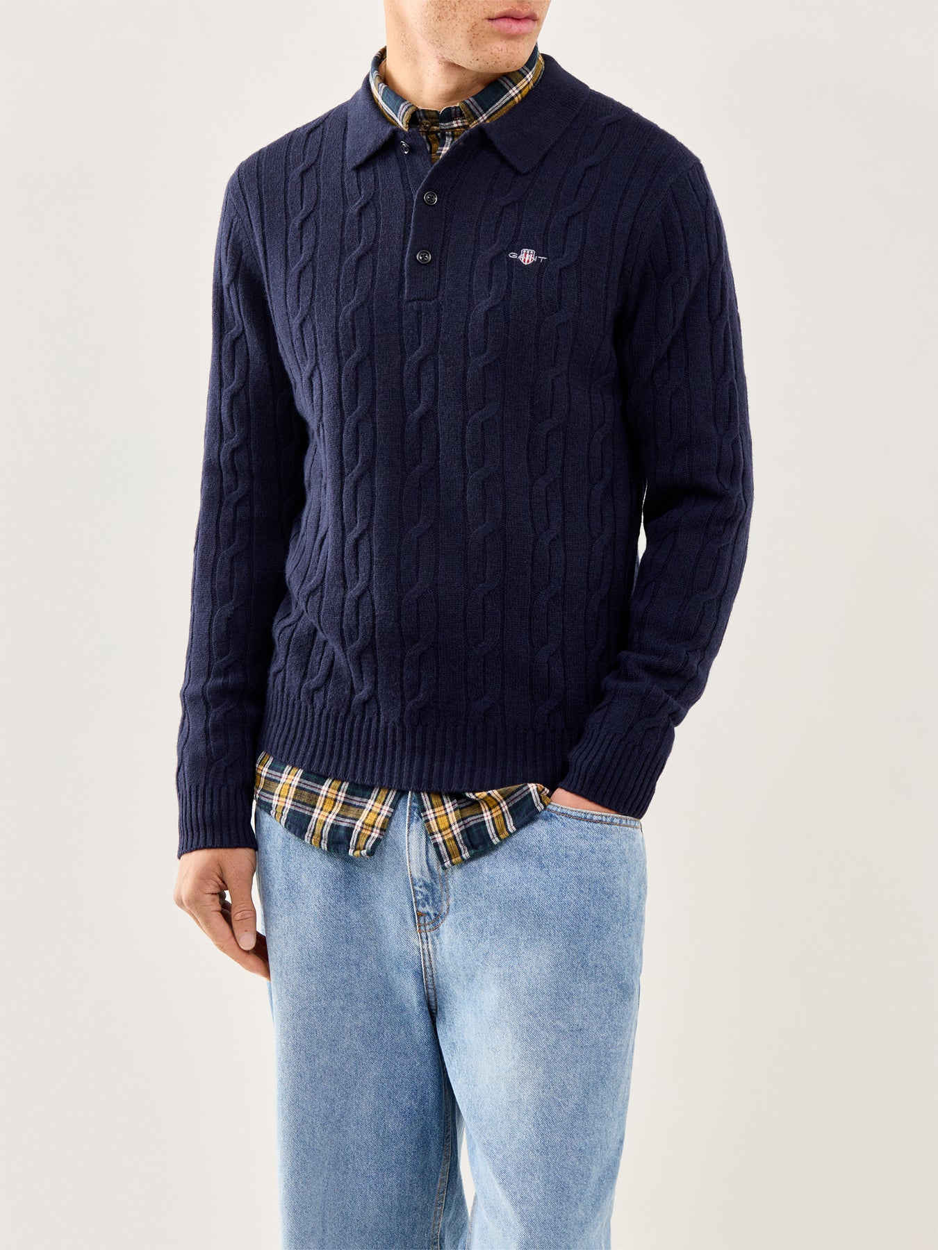 Lambswool Cable Polo Jumper Evening Blue