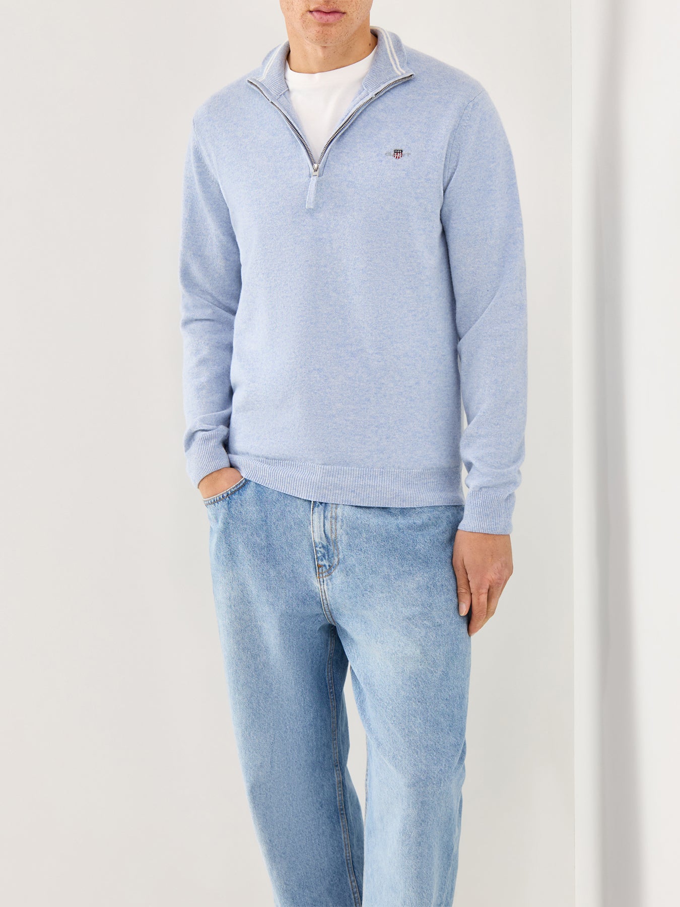 Superfine Lambswool Half-Zip Jumper Light Blue Melange
