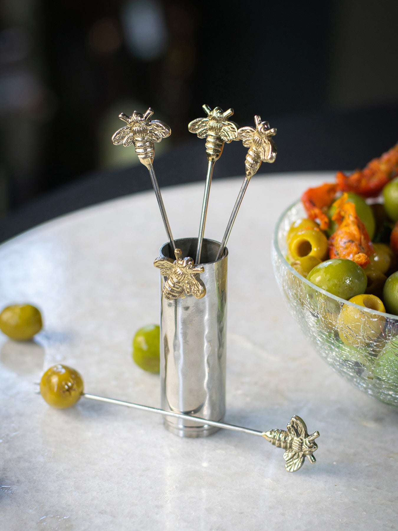 Set of Four Woodland Bee Olive Picks and Holder