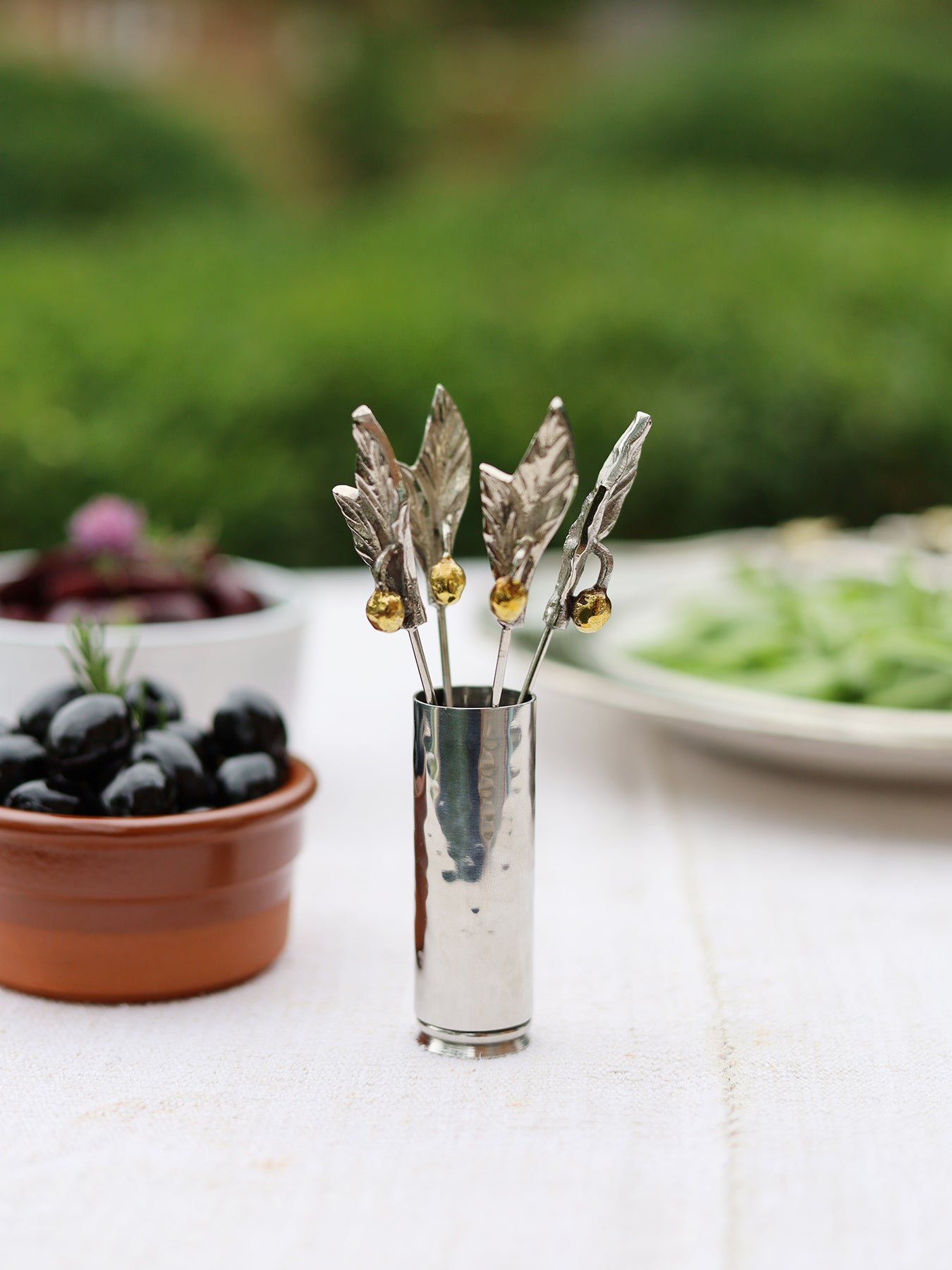 Set of Four Woodland Bee Olive Picks and Holder