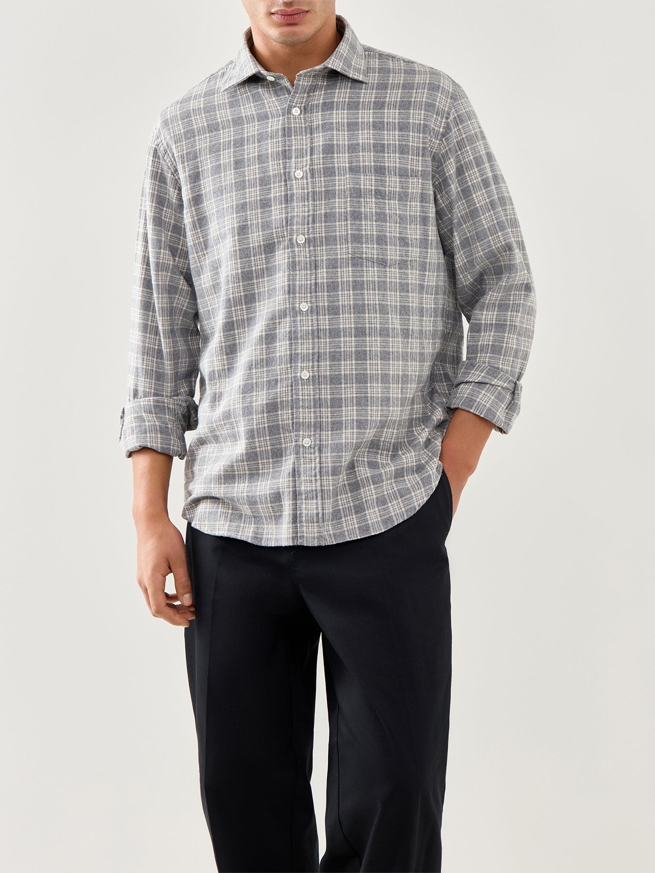 Paul Herringbone Plaid Woven Shirt Grey