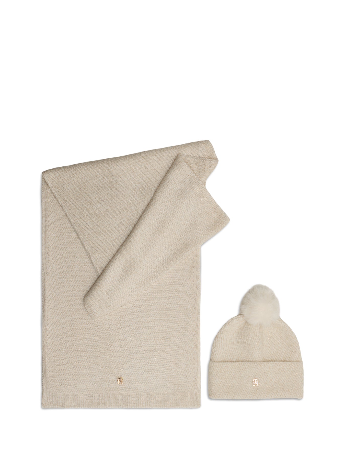 Pom Pom Lurex Beanie and Scarf Gift Set Cream