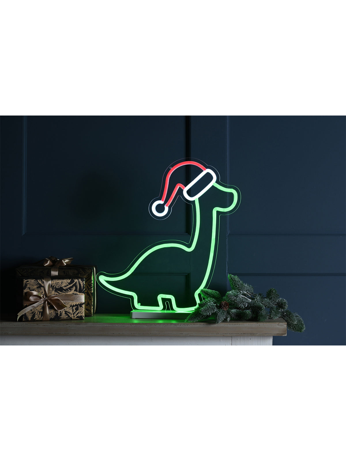 Neon Effect Dinosaur With Hat Light On Base 43cm - Multi