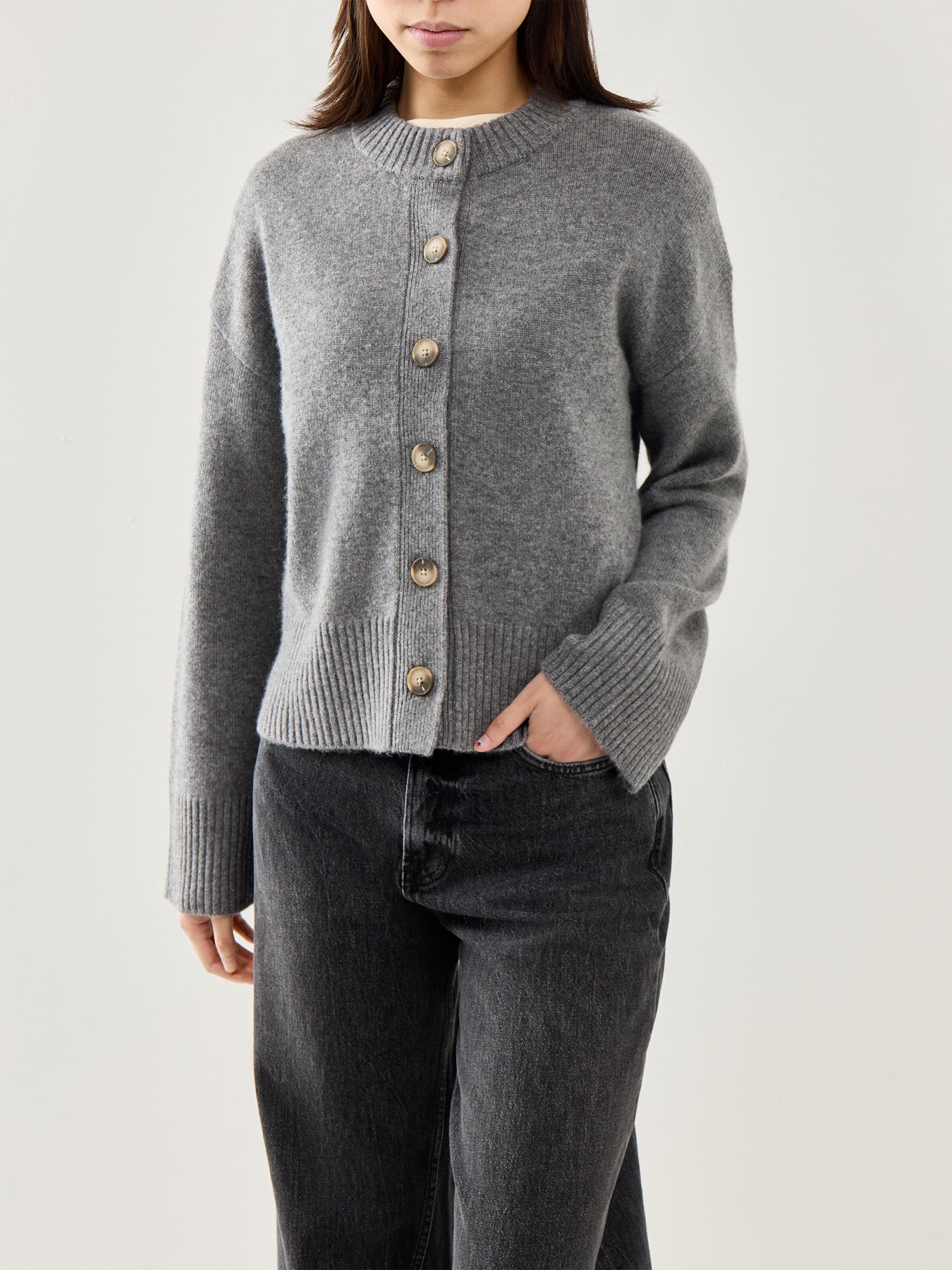 Cille Ls Knit O-Neck Cardigan Medium Grey Melange