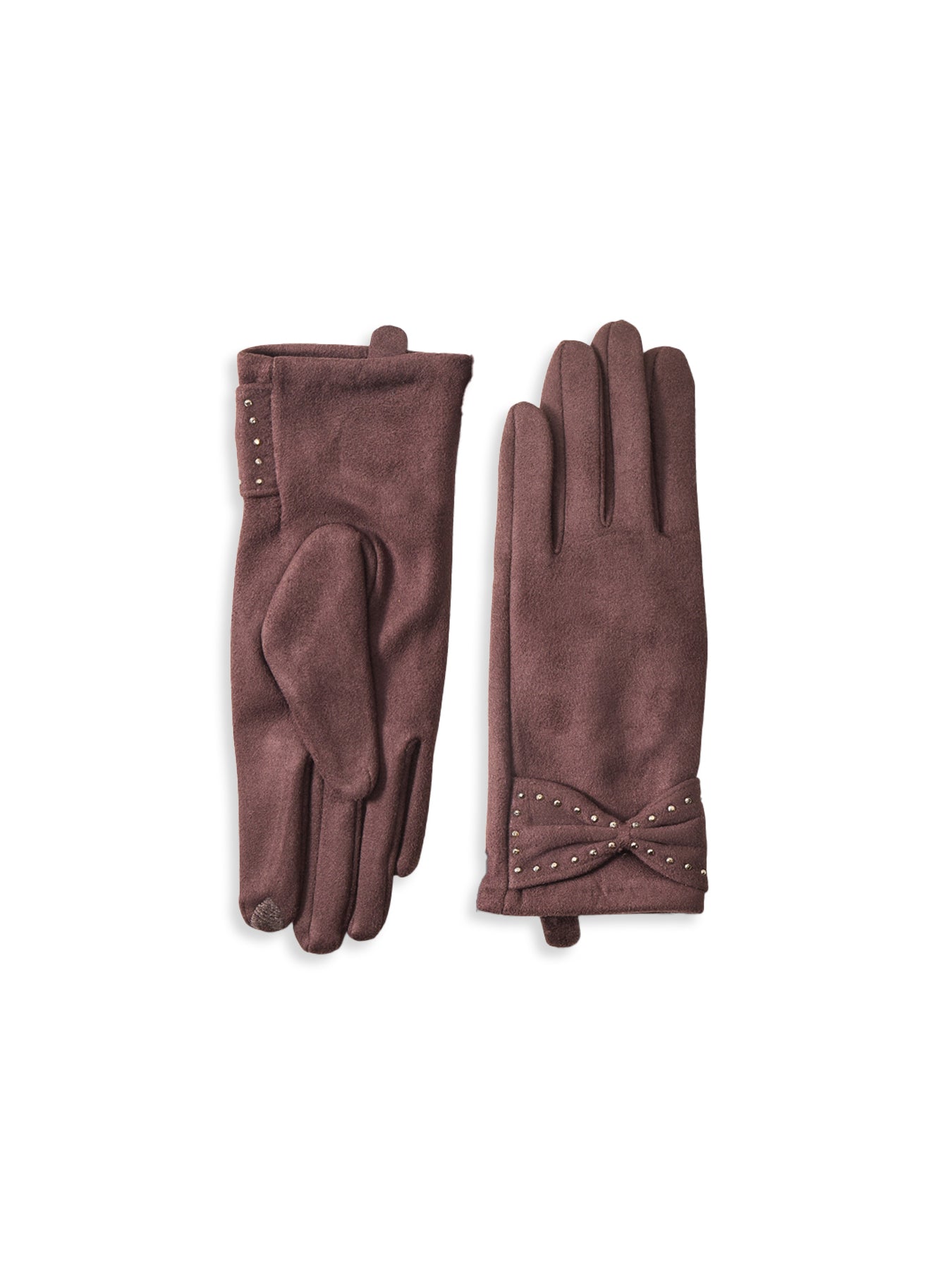 Faux Suede Bow Stud Gloves Brown