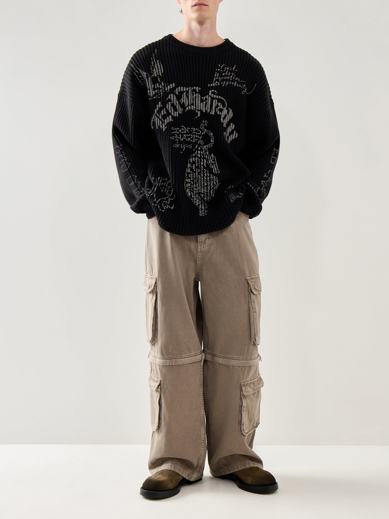 Mens Gothic Ribbed Knitted Crew Jumper Black