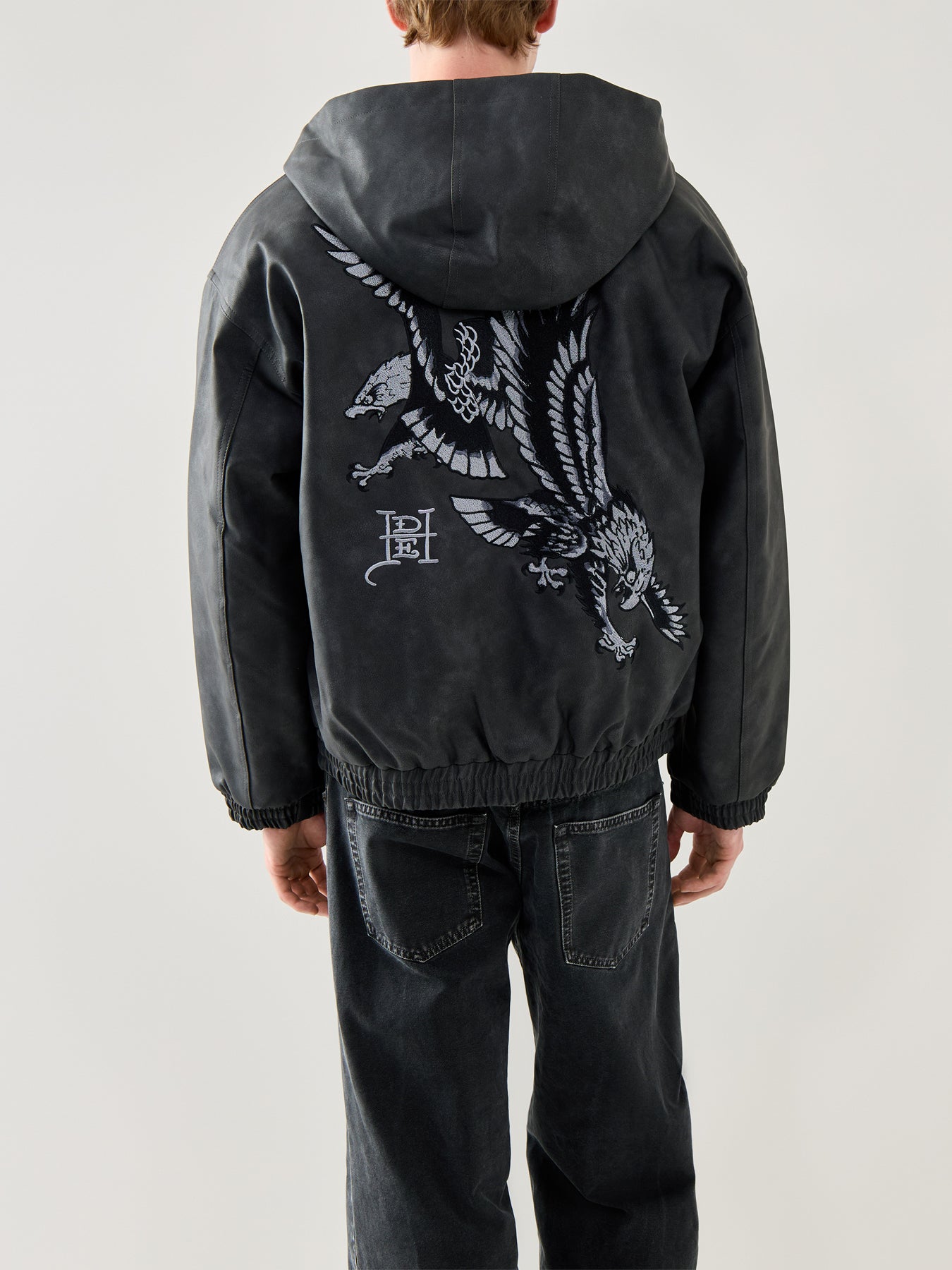 Mens Soaring Eagles Pu Hooded Vegan Leather Jacket