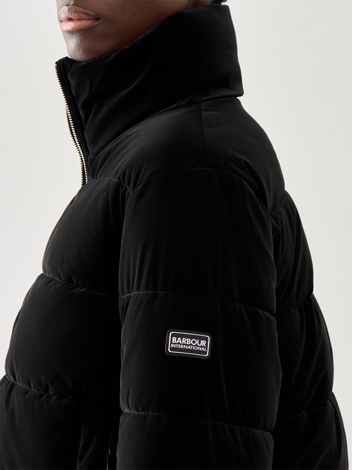 Womens Barbour International Hudson Faux Velvet Puffer Jacket Black