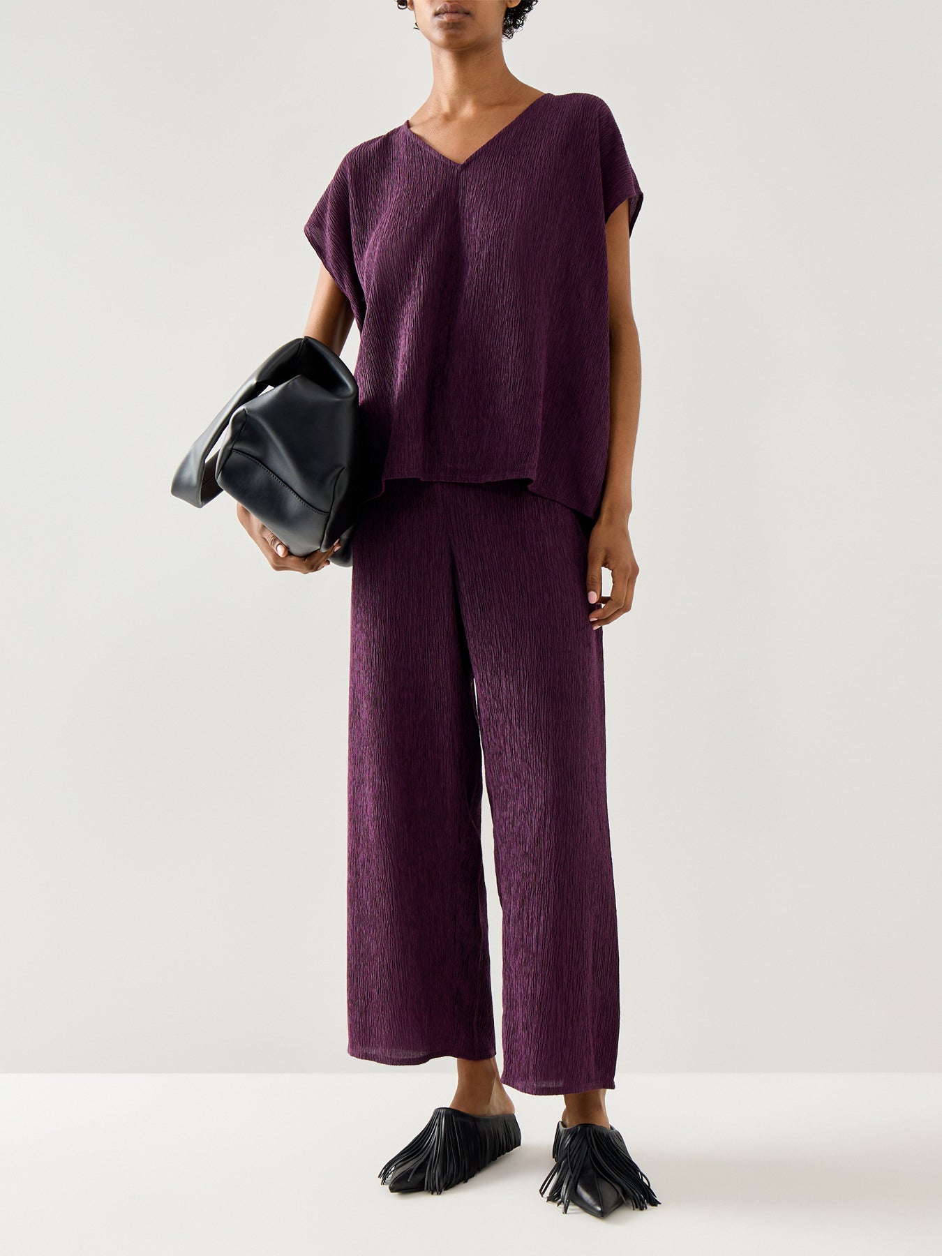 High Waist Wide Ankle Woven Plisse Pant Purple