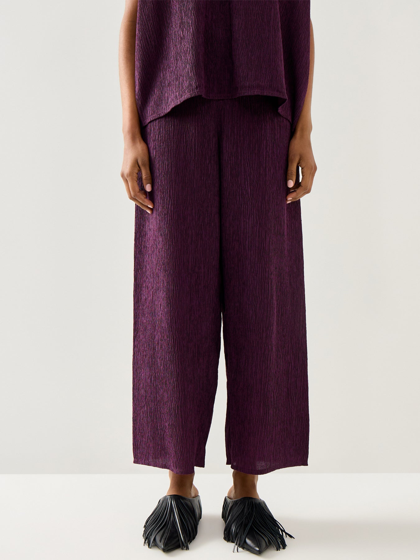 High Waist Wide Ankle Woven Plisse Pant Purple
