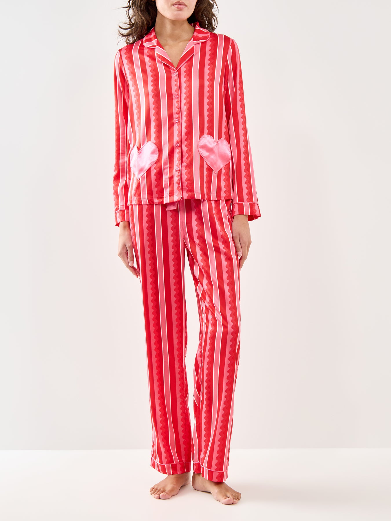 Peers Tonal Wiggle Satin Long Pyjama Set Pink
