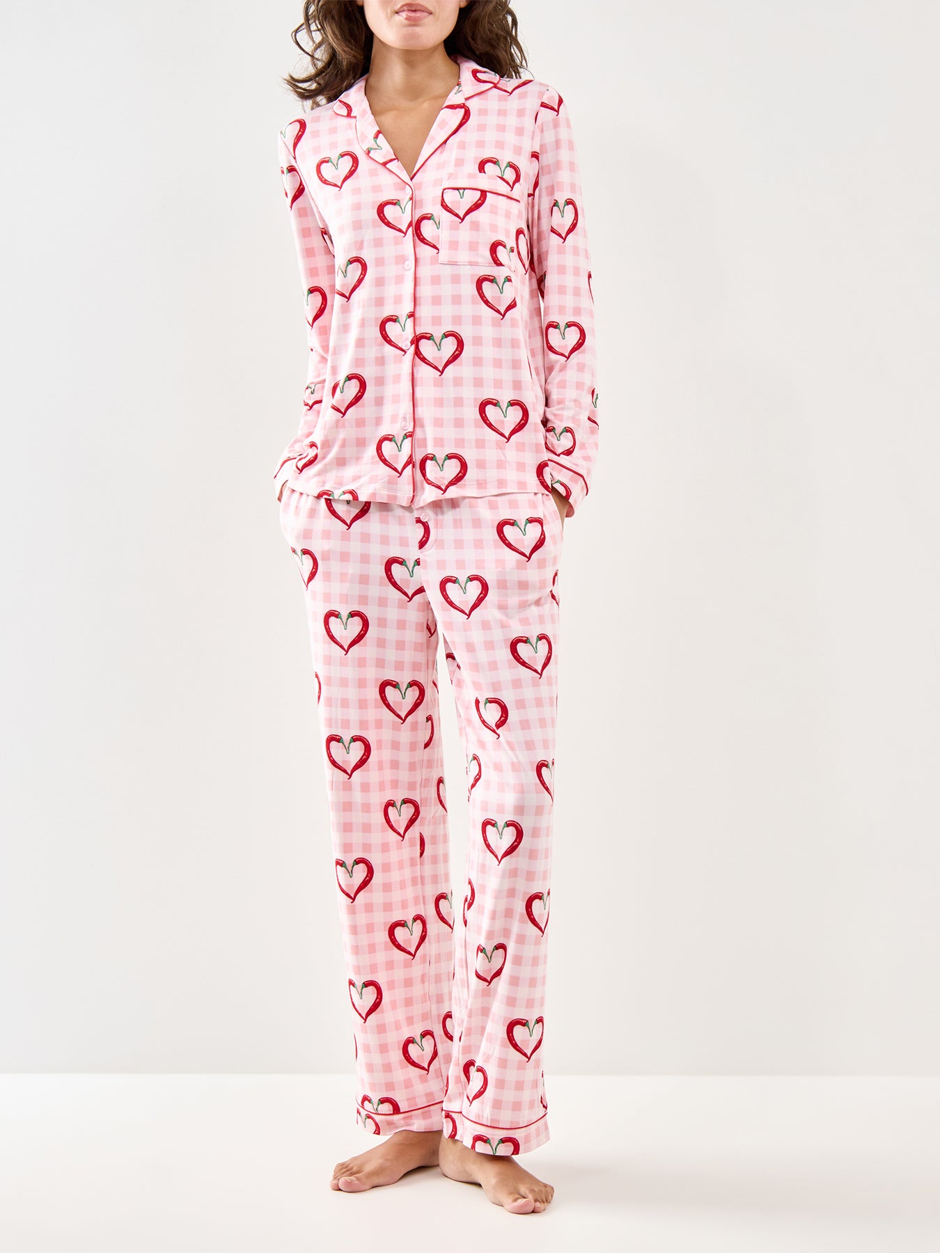 Chilli Heart Gingham Long Pyjama Set Pink