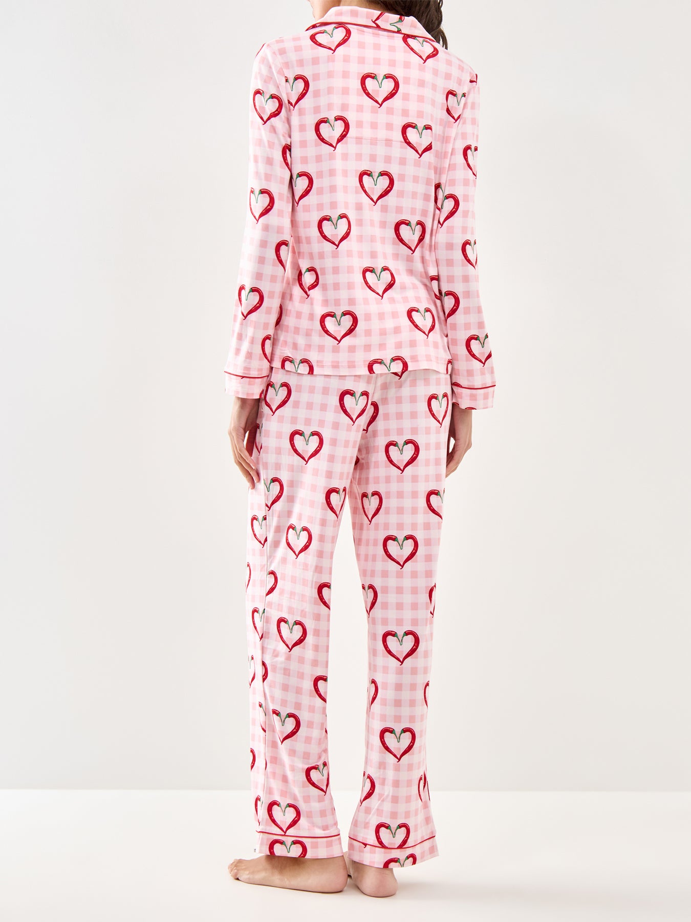 Chilli Heart Gingham Long Pyjama Set Pink