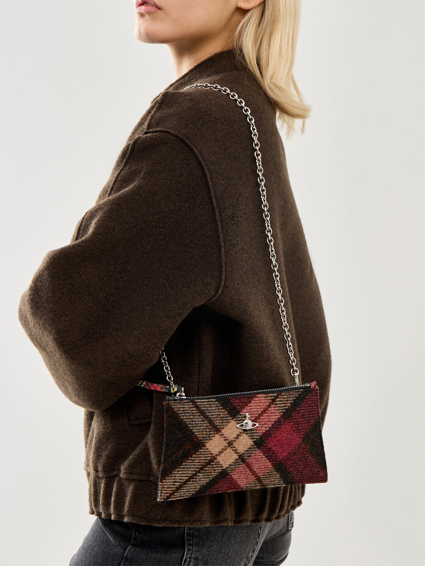 Small Flat Zip Clutch Light Check Wool