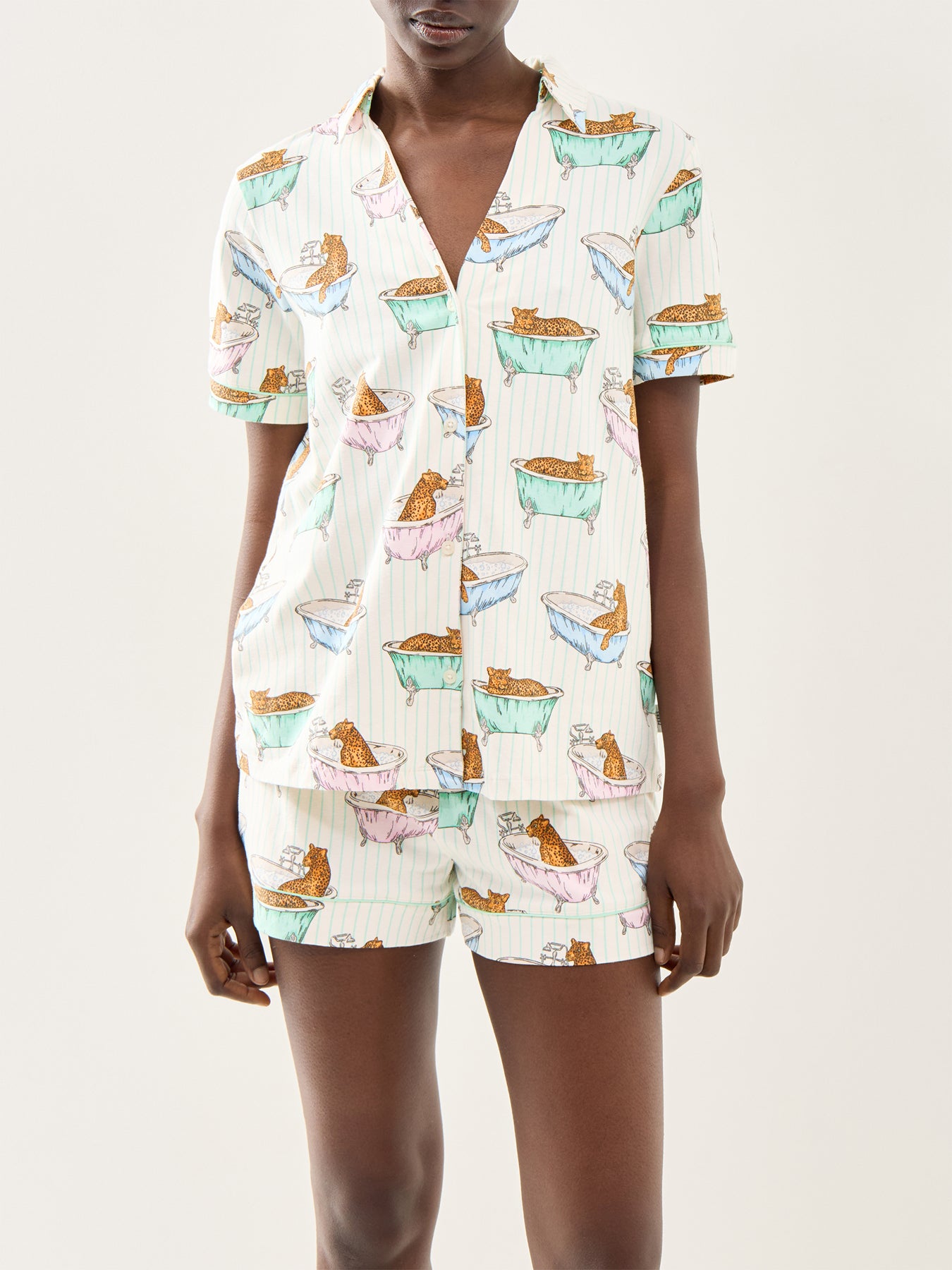 Bathtime Leopards V Neck Button Up Short PJ Set Green