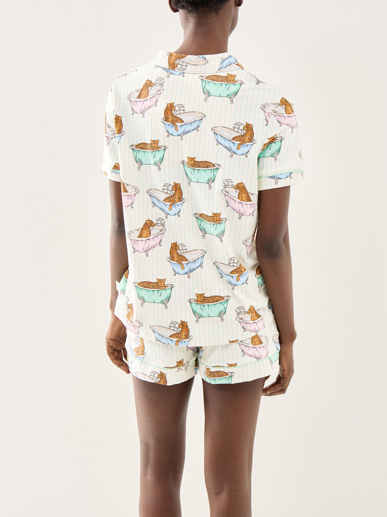 Bathtime Leopards V Neck Button Up Short PJ Set Green