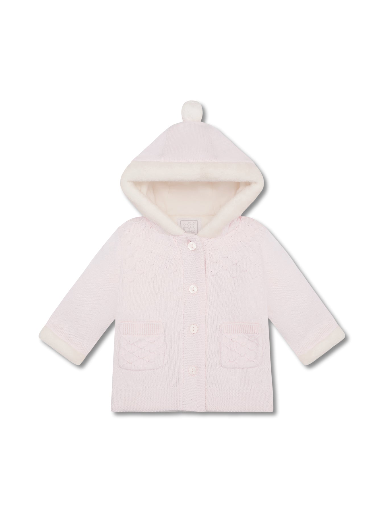 Pink Knitted Hooded Jacket With Fur Trim