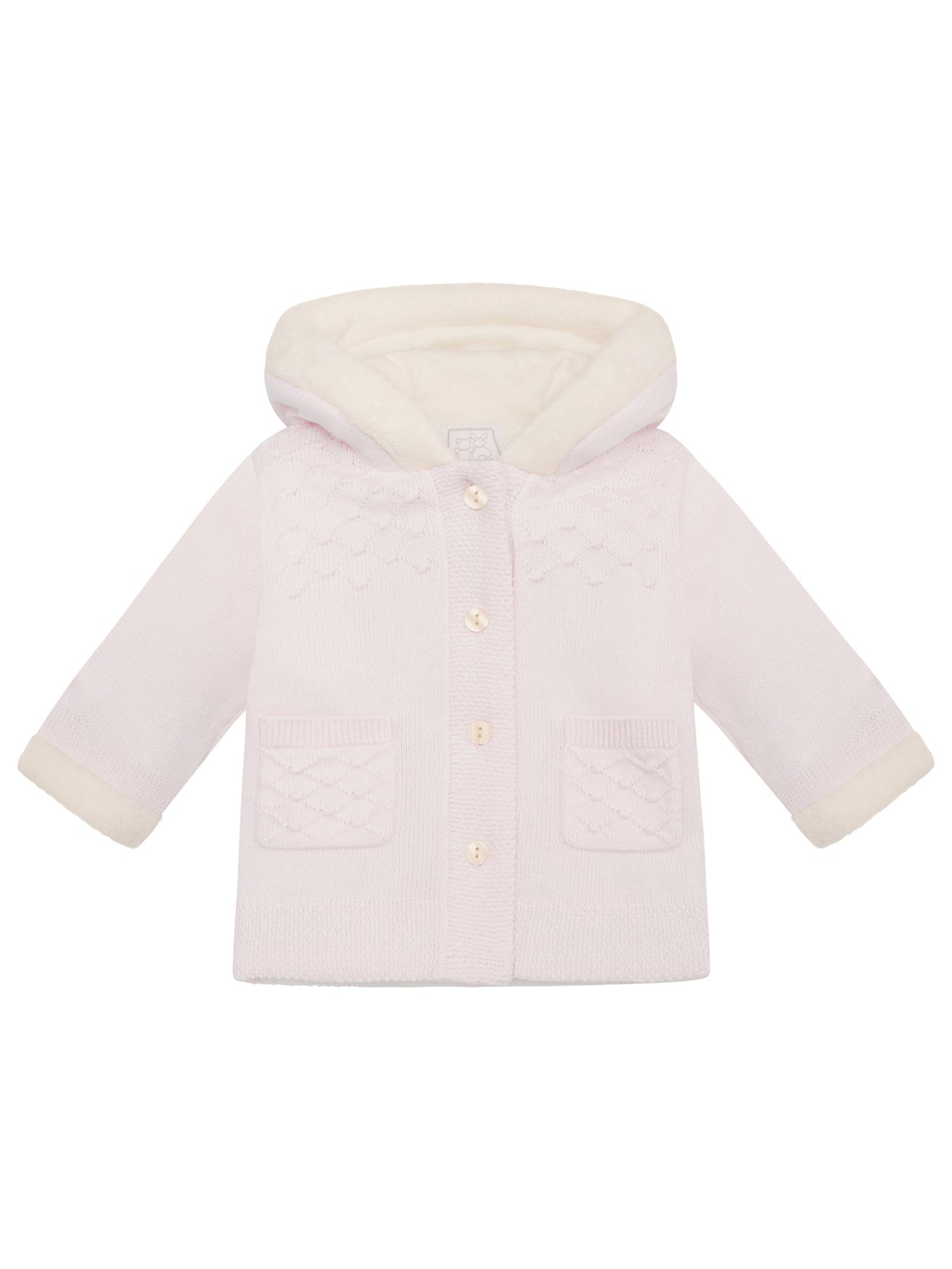 Pink Knitted Hooded Jacket With Fur Trim