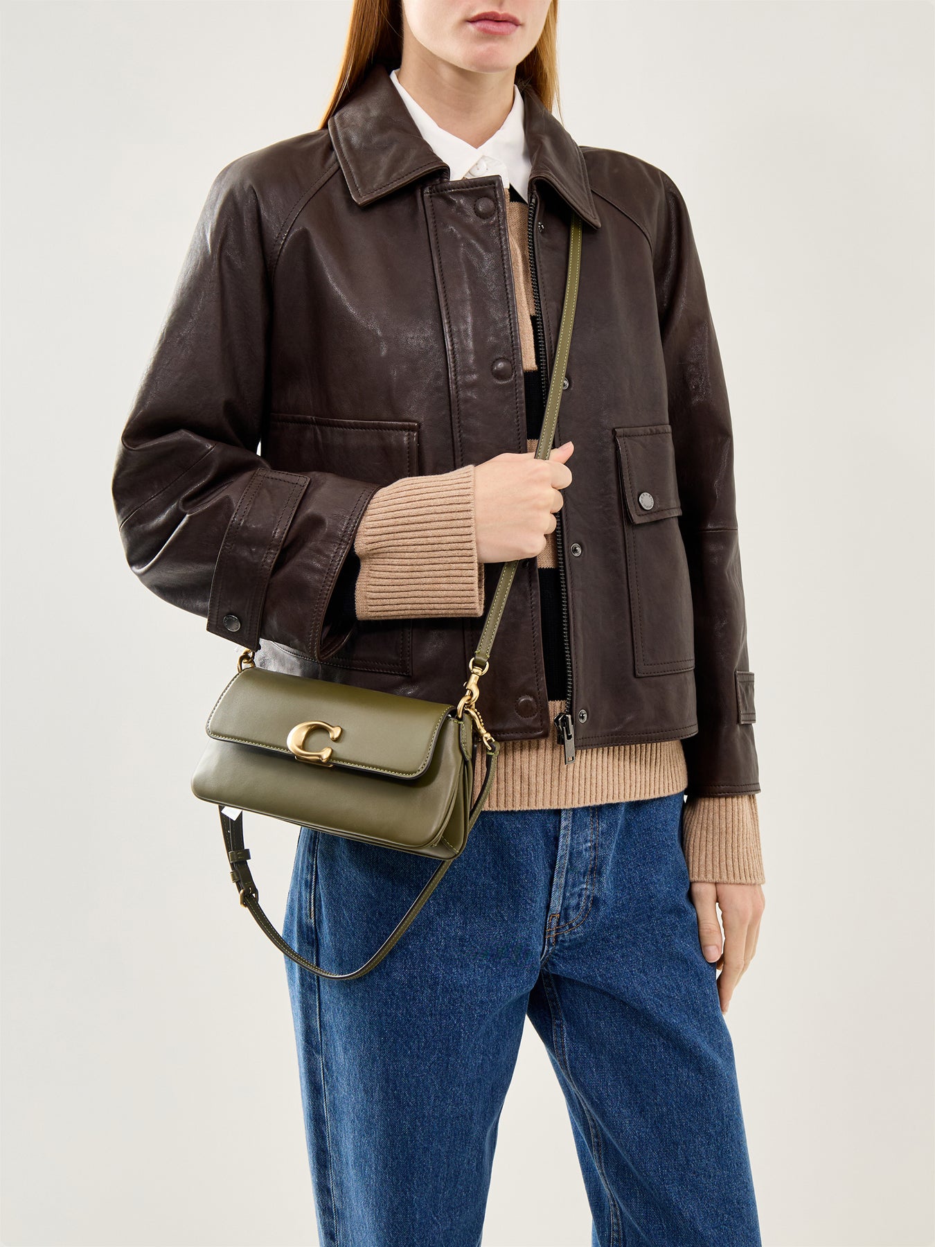 Refined Calf Leather Jet Shoulder Bag Olive