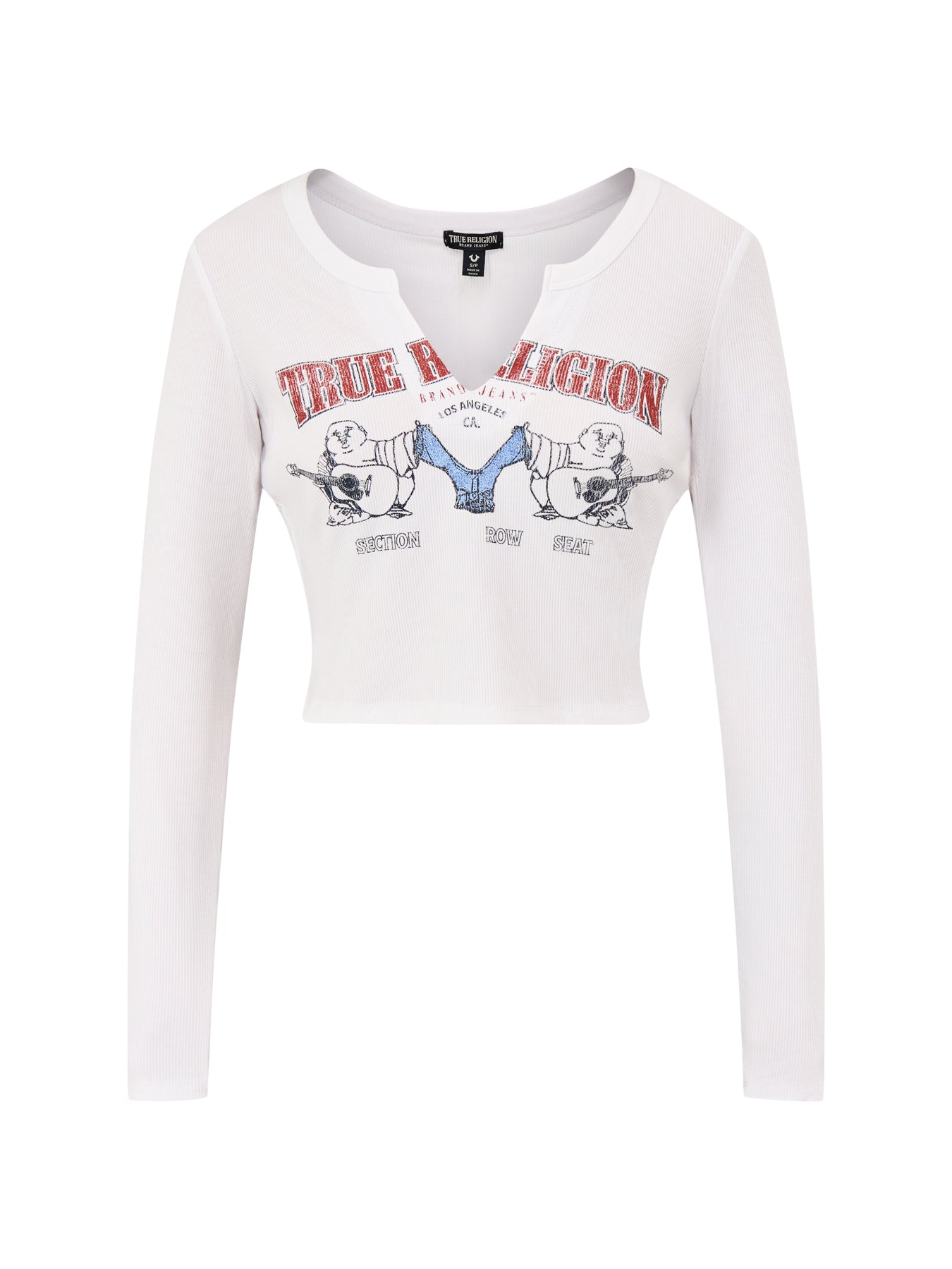 Buddha V-Neck Rib Long Sleeve Top White