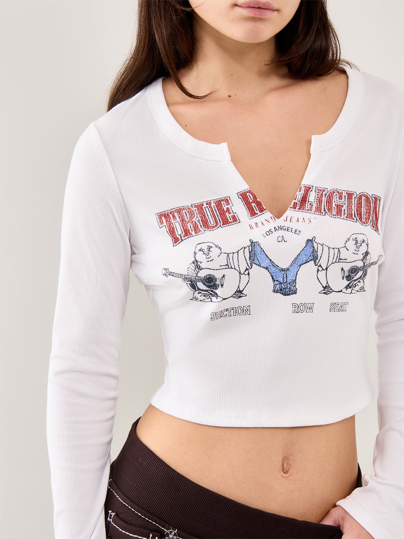 Buddha V-Neck Rib Long Sleeve Top White